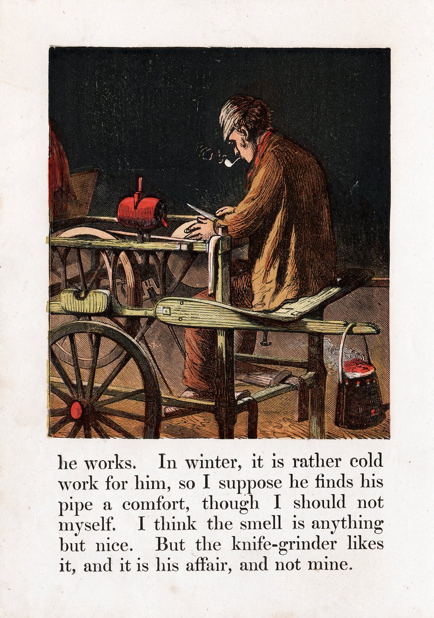 Aiguiseur de couteaux itinérant affûtant une lame en tournant une meule avec une pédale, c1867 - Unbekannt