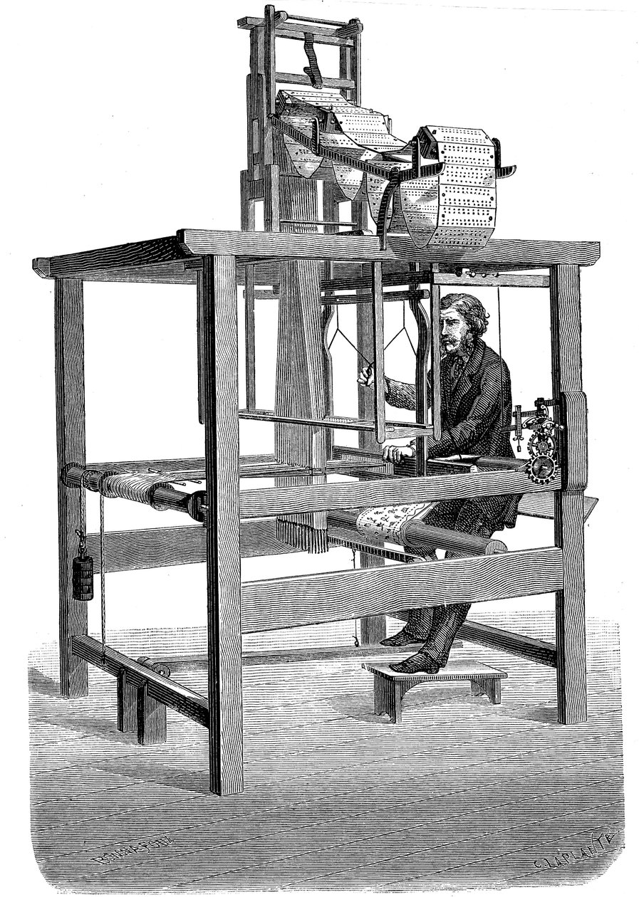 Métier Jacquard, avec des guirlandes de cartes perforées à partir desquelles le motif a été tissé, 1876 - Unbekannt