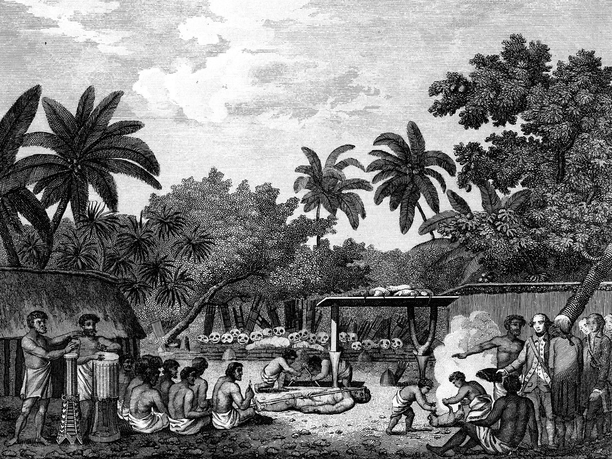 James Cook, navigateur anglais, assistant à un sacrifice humain à Tahiti Otaheite vers 1773, 1815 - Unbekannt
