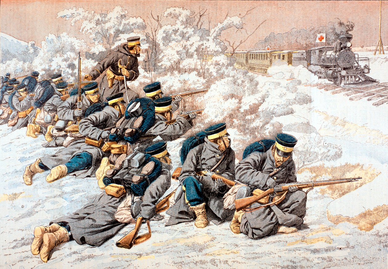 Les Japonais tirant sur un train de la Croix-Rouge russe, Guerre russo ...
