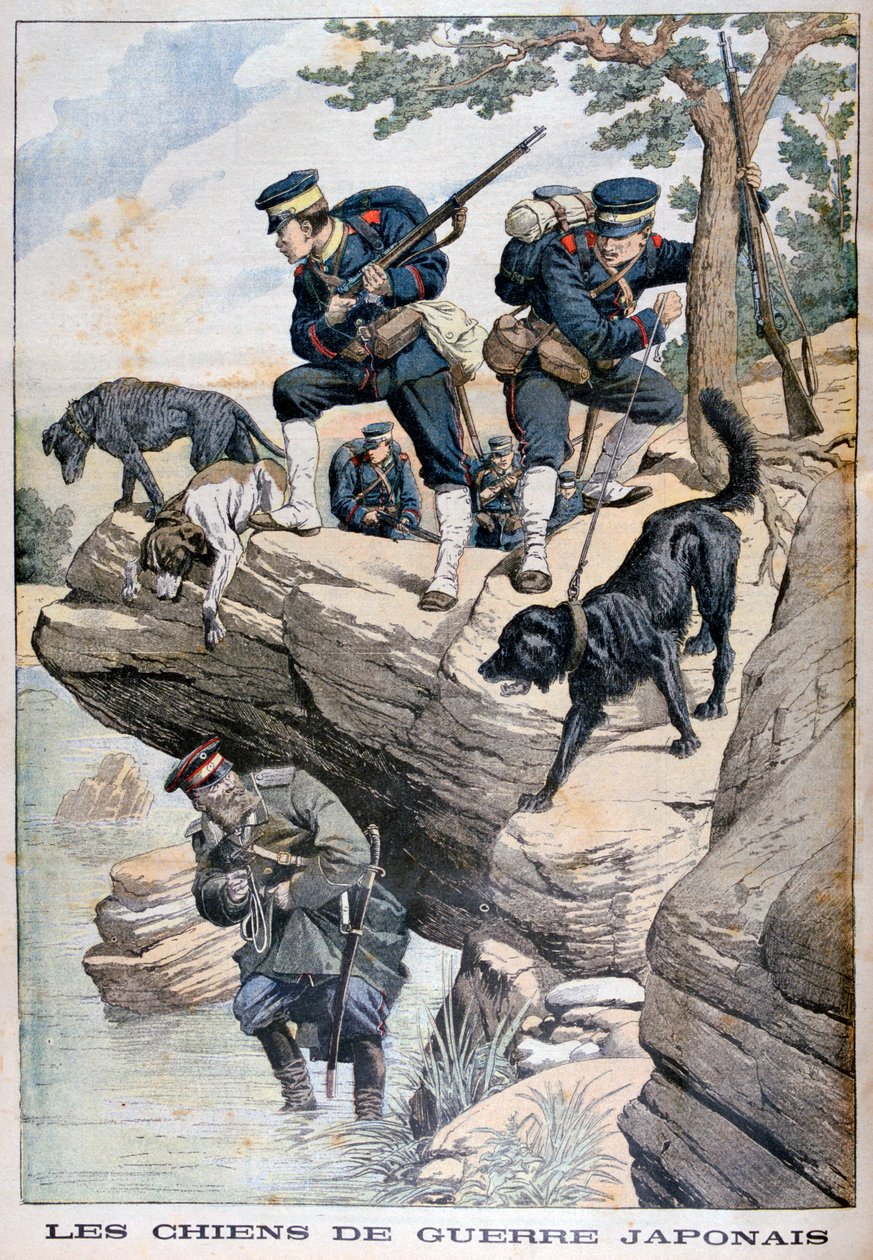 Soldats japonais avec des chiens localisant un Russe caché, guerre russo-japonaise, 1904 - Unbekannt