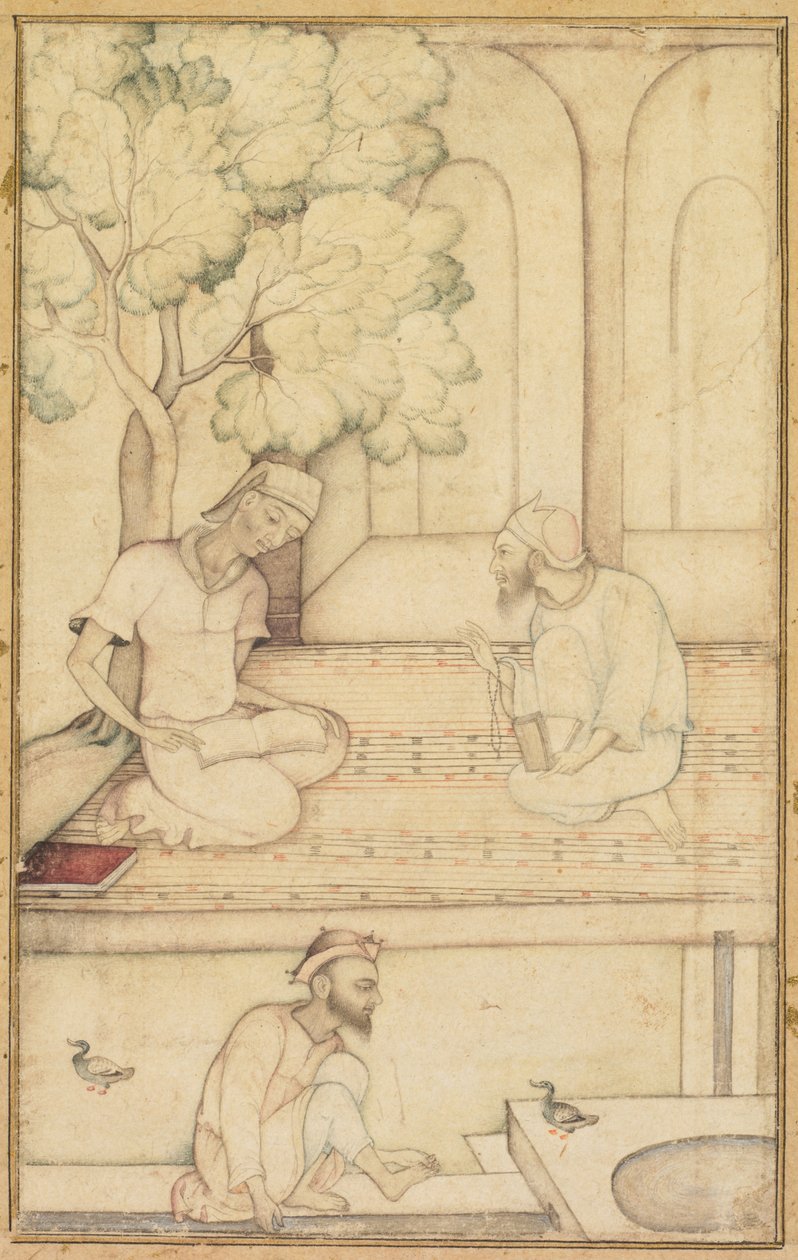 Kabir et deux disciples sur une terrasse recto, calligraphie verso, vers 1610-1620 - Unbekannt