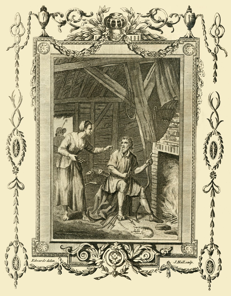 Le roi Alfred déguisé réprimandé par la femme du bouvier pour avoir laissé brûler les gâteaux, vers 878, 1783 - Unbekannt