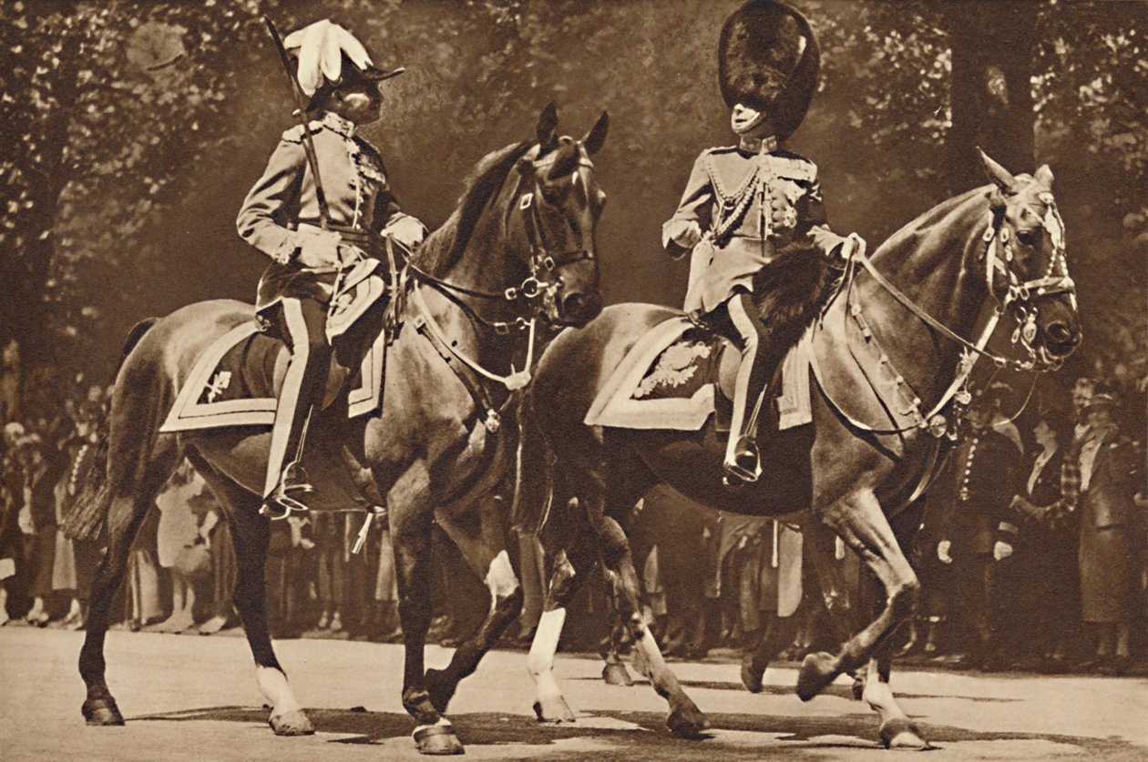 Le roi Édouard à la tête de la brigade des gardes, se tourne, imperturbable, pour s