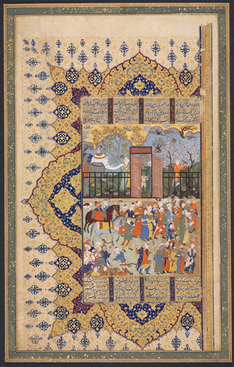 Le Roi Luhrasp monte sur le trône : Une procession arrive à la cour Recto..., vers 1560-80s - Unbekannt
