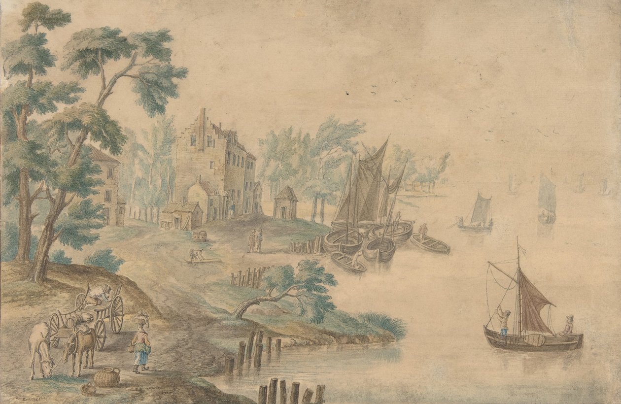 Paysage avec chevaux et charrettes et une rivière à droite, 18ème siècle - Unbekannt