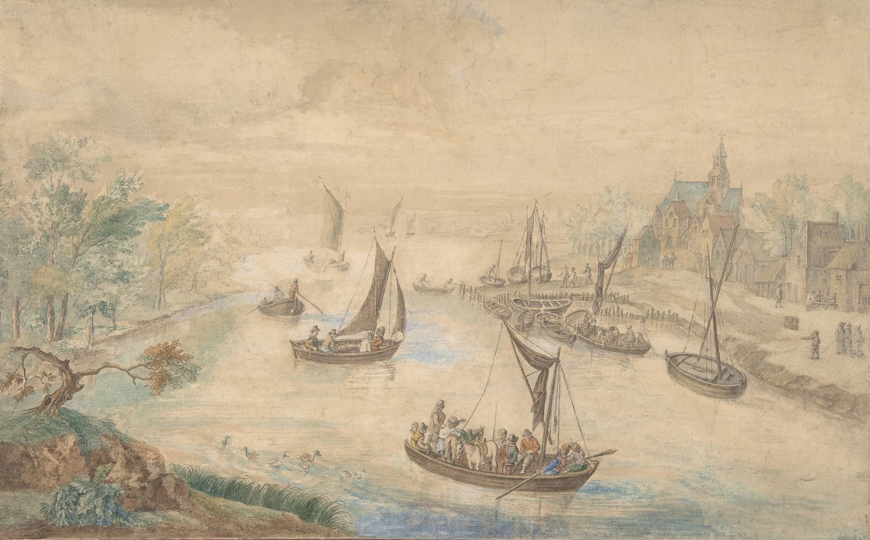 Paysage avec rivière au centre, avec bac, 18ème siècle - Unbekannt