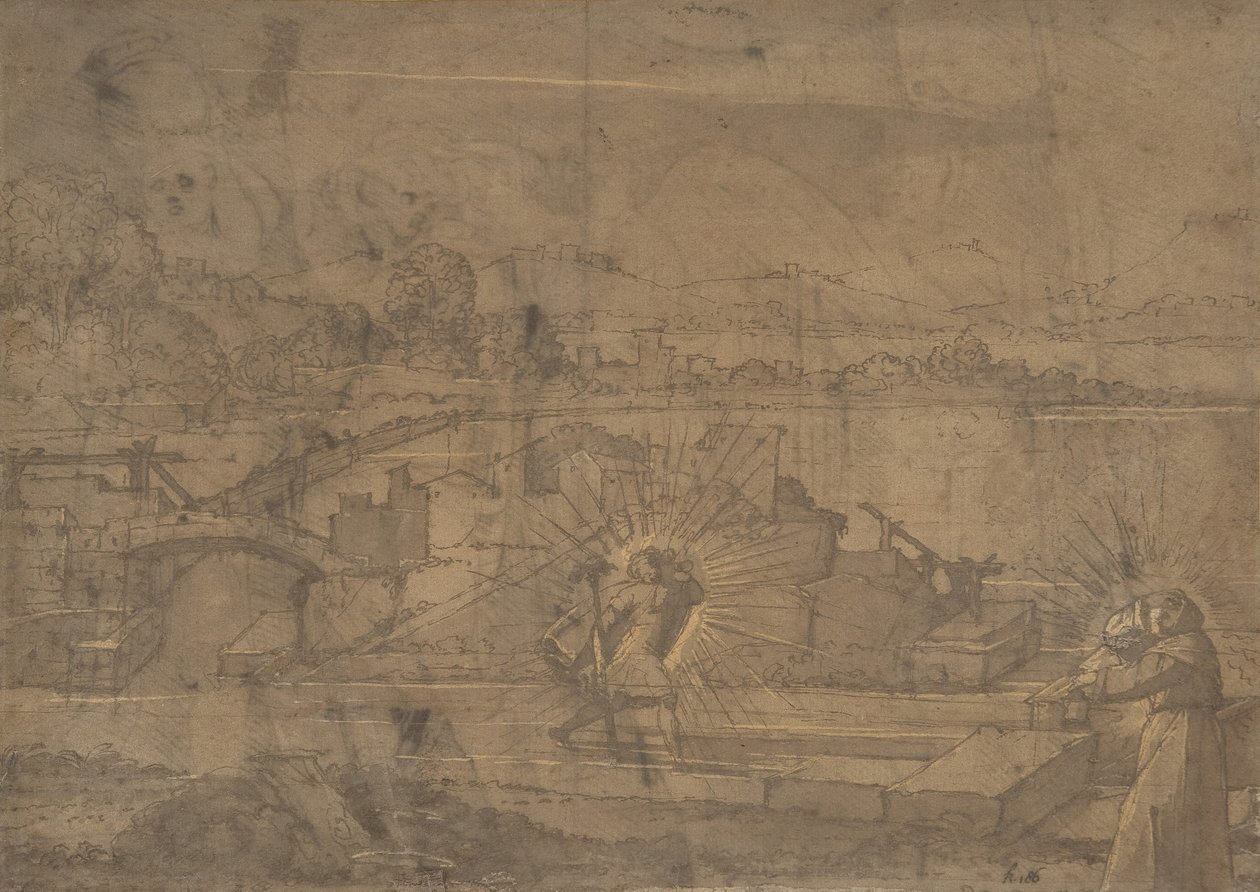 Paysage avec Saint Christophe et Saint monastique recto, XVIe siècle - Unbekannt