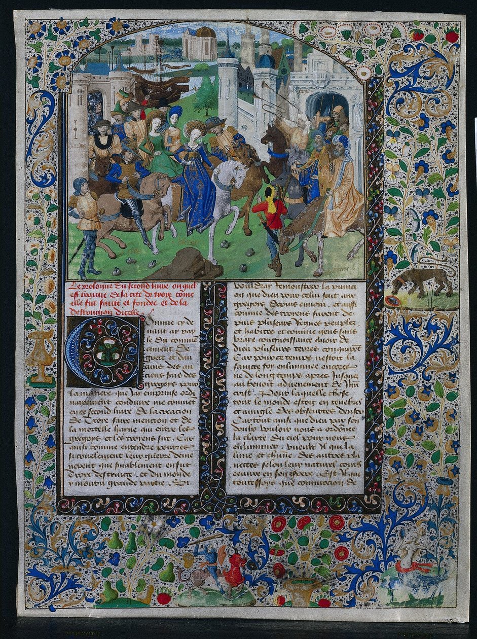 Feuille de la Chronique Universelle de Jehan de Courcy : Le roi Priam rencontre Hélène et Paris..., vers 1470 - Unbekannt