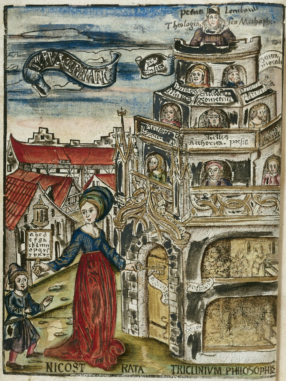 Les arts libéraux, la grammaire: Nicostrata (appelée Carmenta), tenant un hornbook, manuel pour l