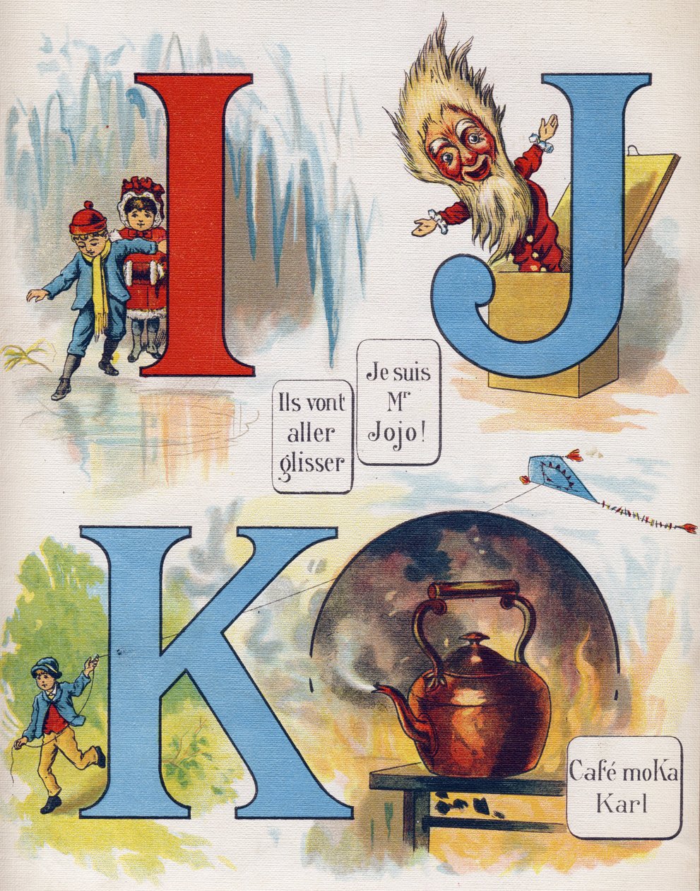 Lettre I, J et K : Ils vont glisser, je suis M. Jojo et le café Moka Karl. Gravure dans « ABC L