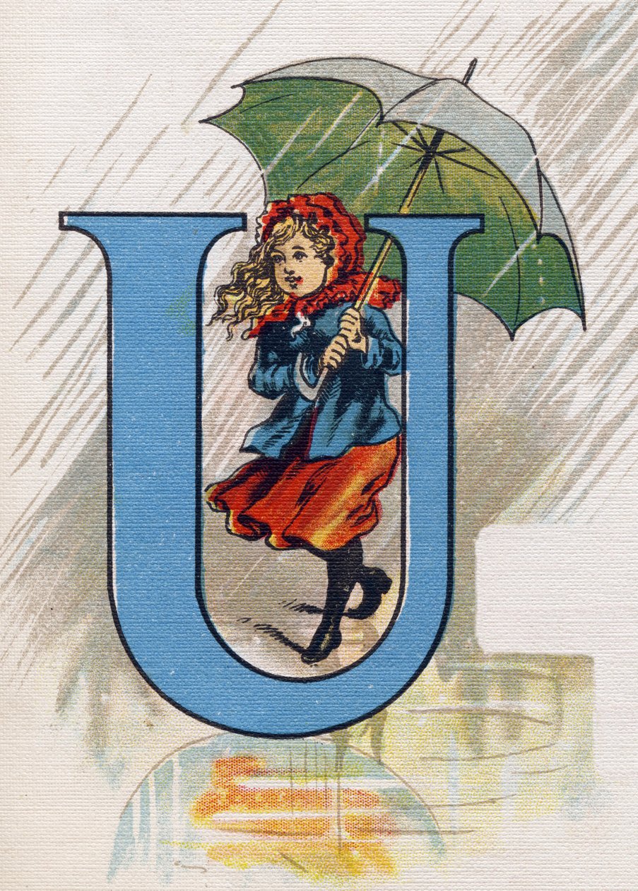 Lettre U : Ursule sous la pluie avec un parapluie. Gravure dans « ABC L