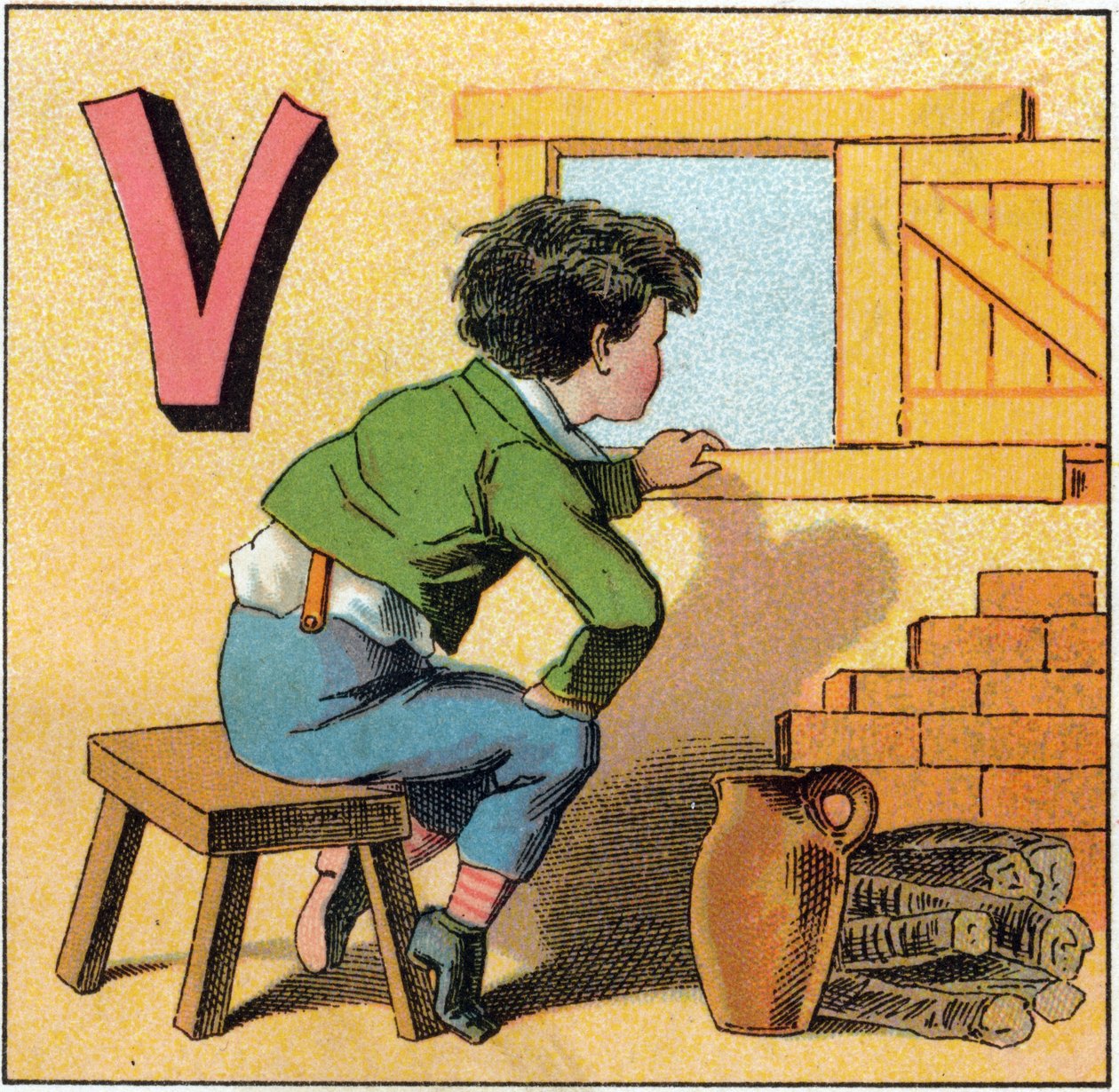 Lettre V comme vasistas. Enfant curieux regardant par une fenêtre. Gravure dans "Alphabet des petits écoliers". Imagerie d
