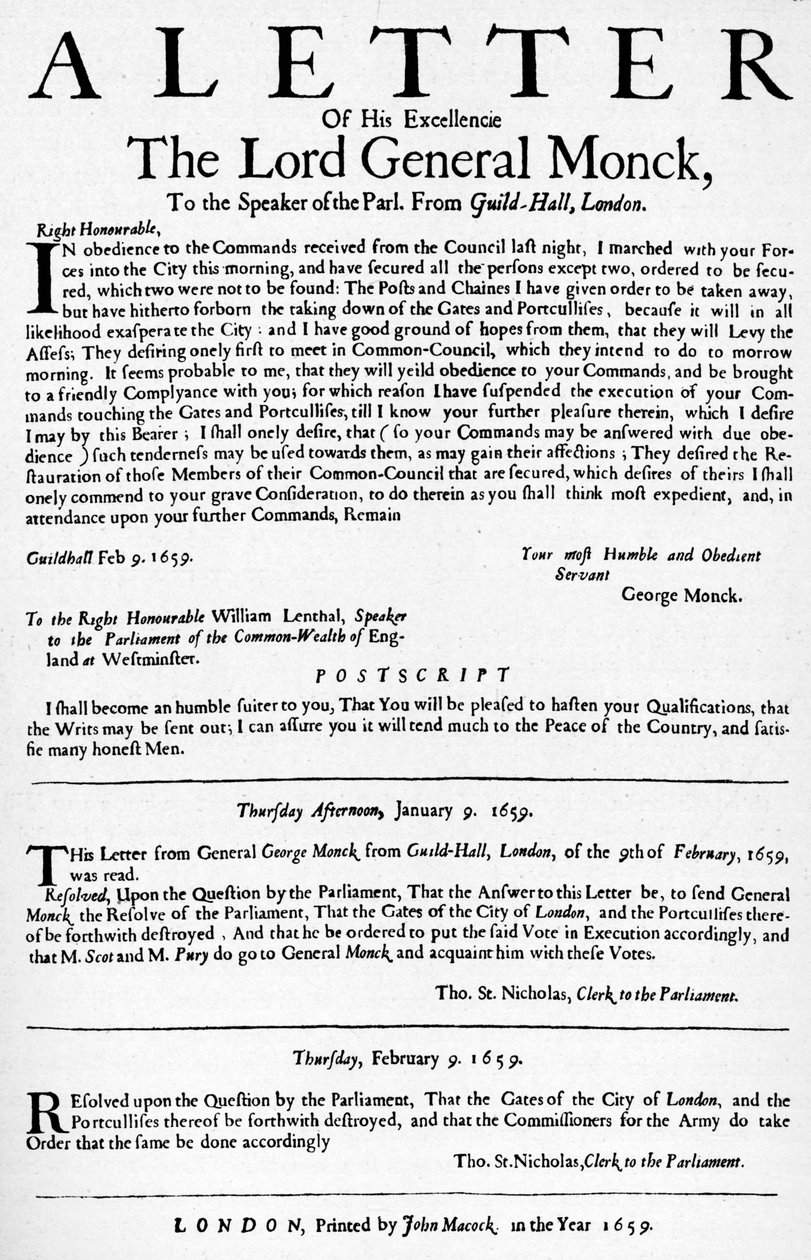 Lettre du général Monck au président de la Chambre des communes - Unbekannt