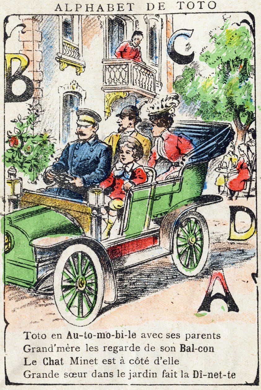 Lettres A B C D : voiture, balcon, chat, dinette. Gravure dans "Alphabet de Toto", fin du 19e siècle. Imagerie de Pont-à-Mousson. Louis Vagne, imprimeur-éditeur. 12 pages. Album publicitaire contenant un abécédaire illustré et une méthode de lecture simpli - Unbekannt
