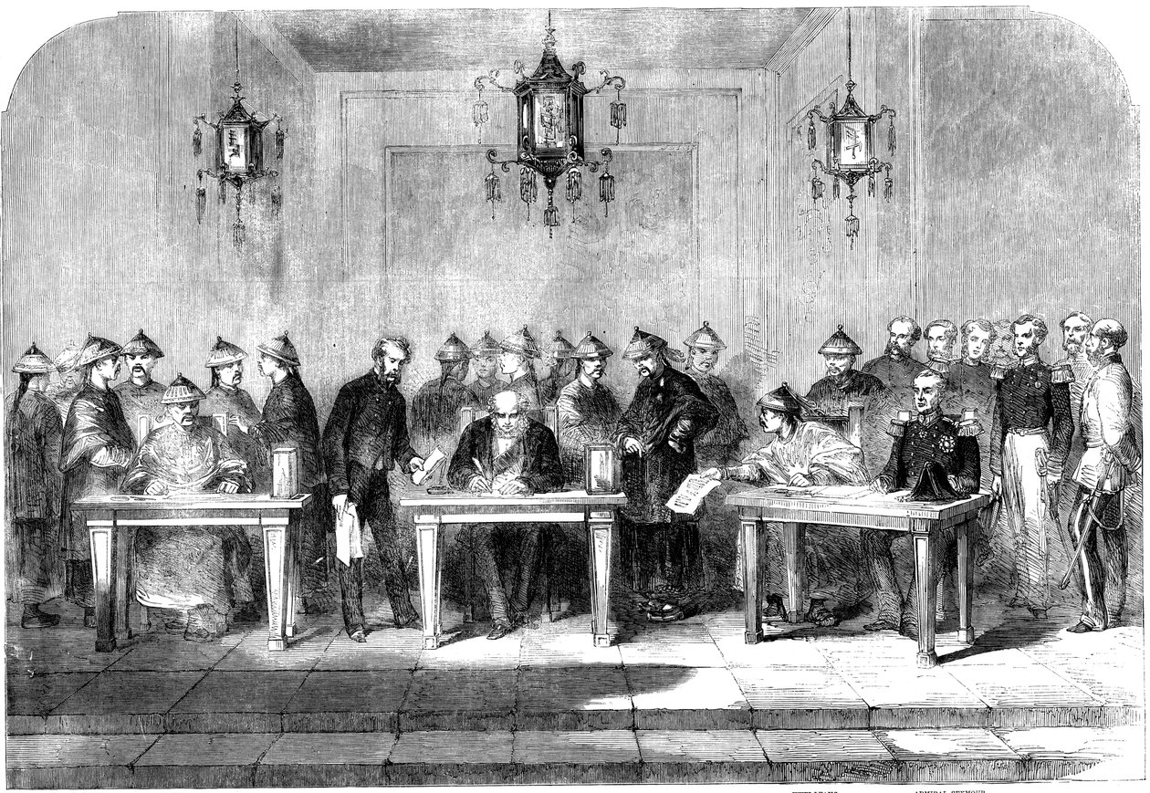 Lord Elgin signant le traité de Tainjin pour mettre fin à la Seconde Guerre de l