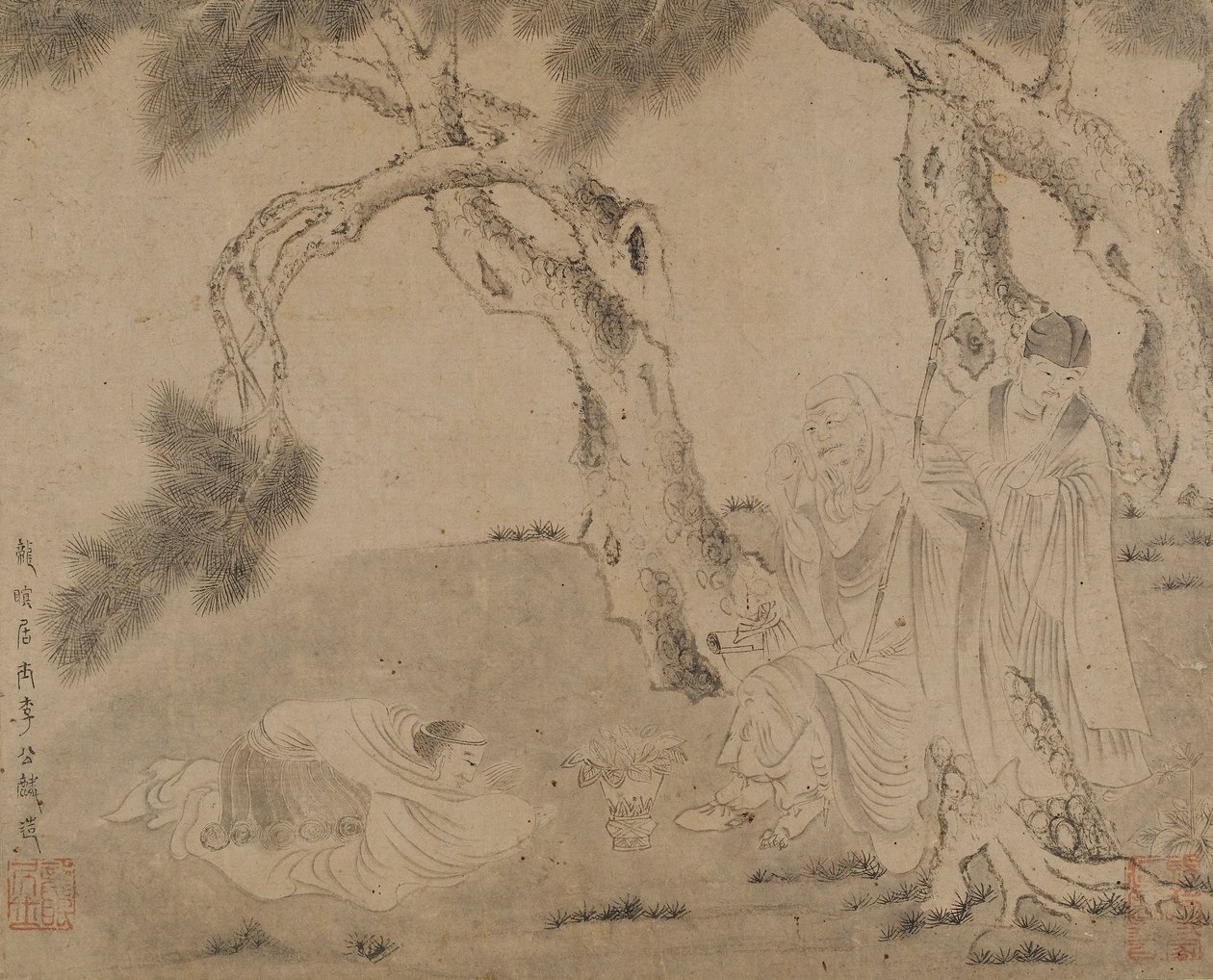 Luohan, assistant et adorateur sous des pins, dynastie Yuan ou Ming, 1279-1644 - Unbekannt
