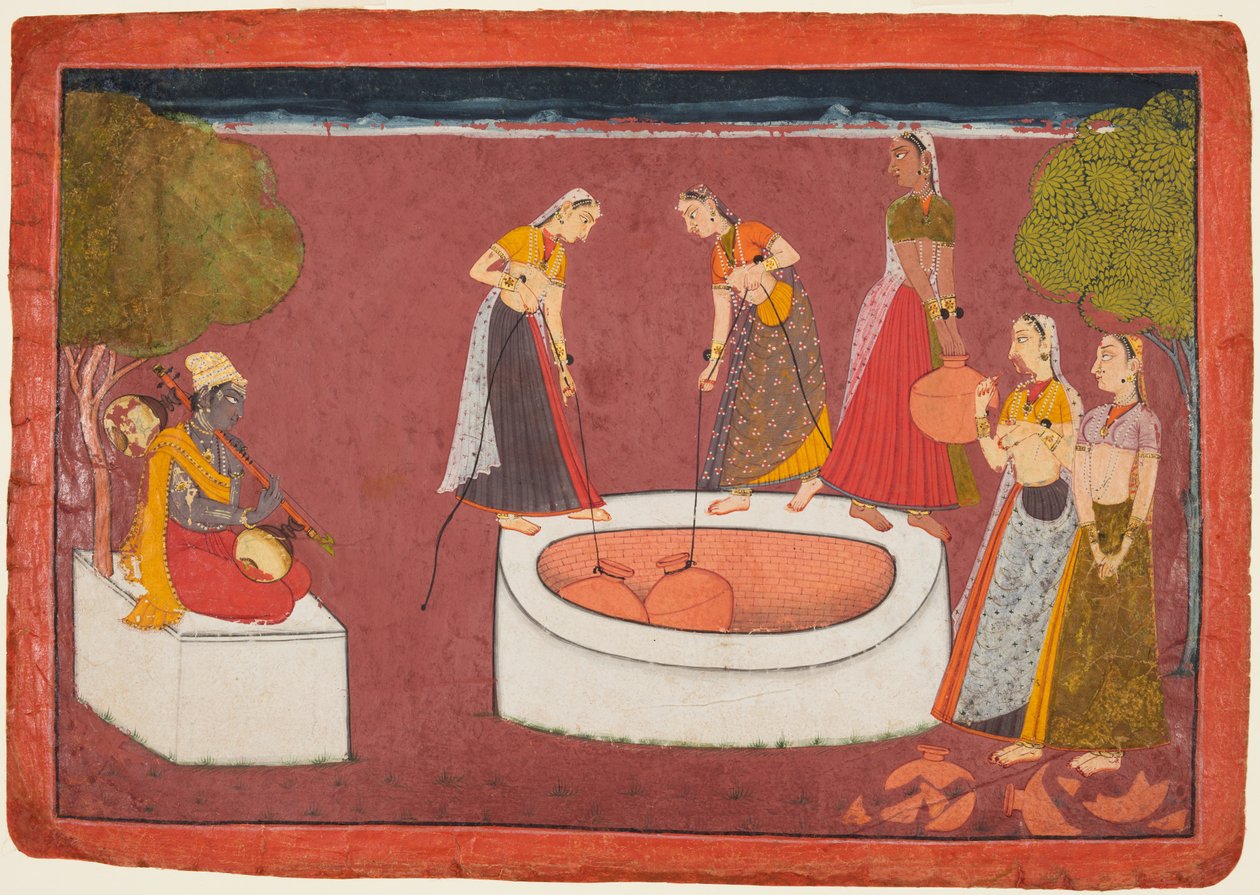 Madhava joue de la vina devant cinq femmes puisant de l