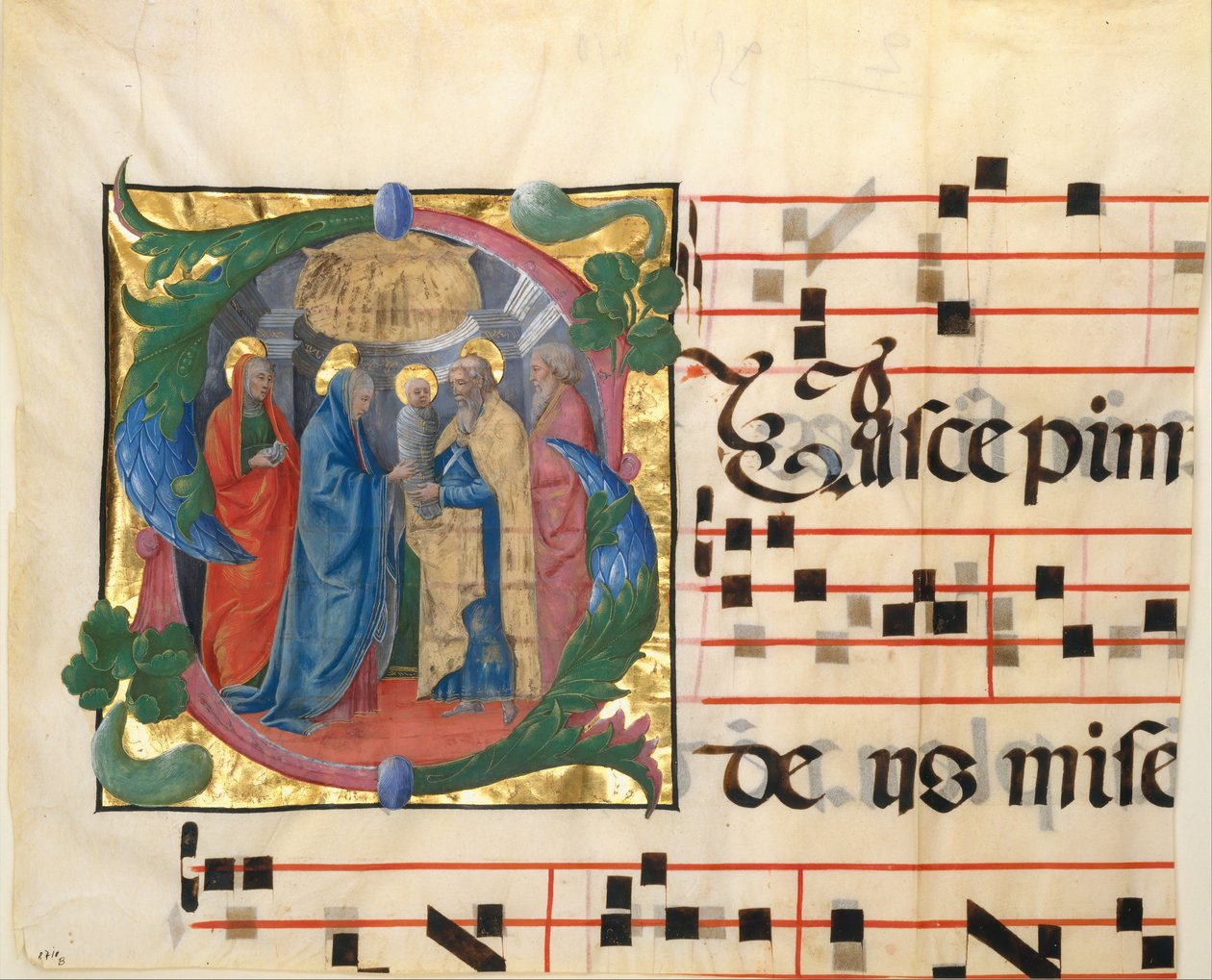 Enluminure de manuscrit avec la Présentation au Temple dans une initiale S, d