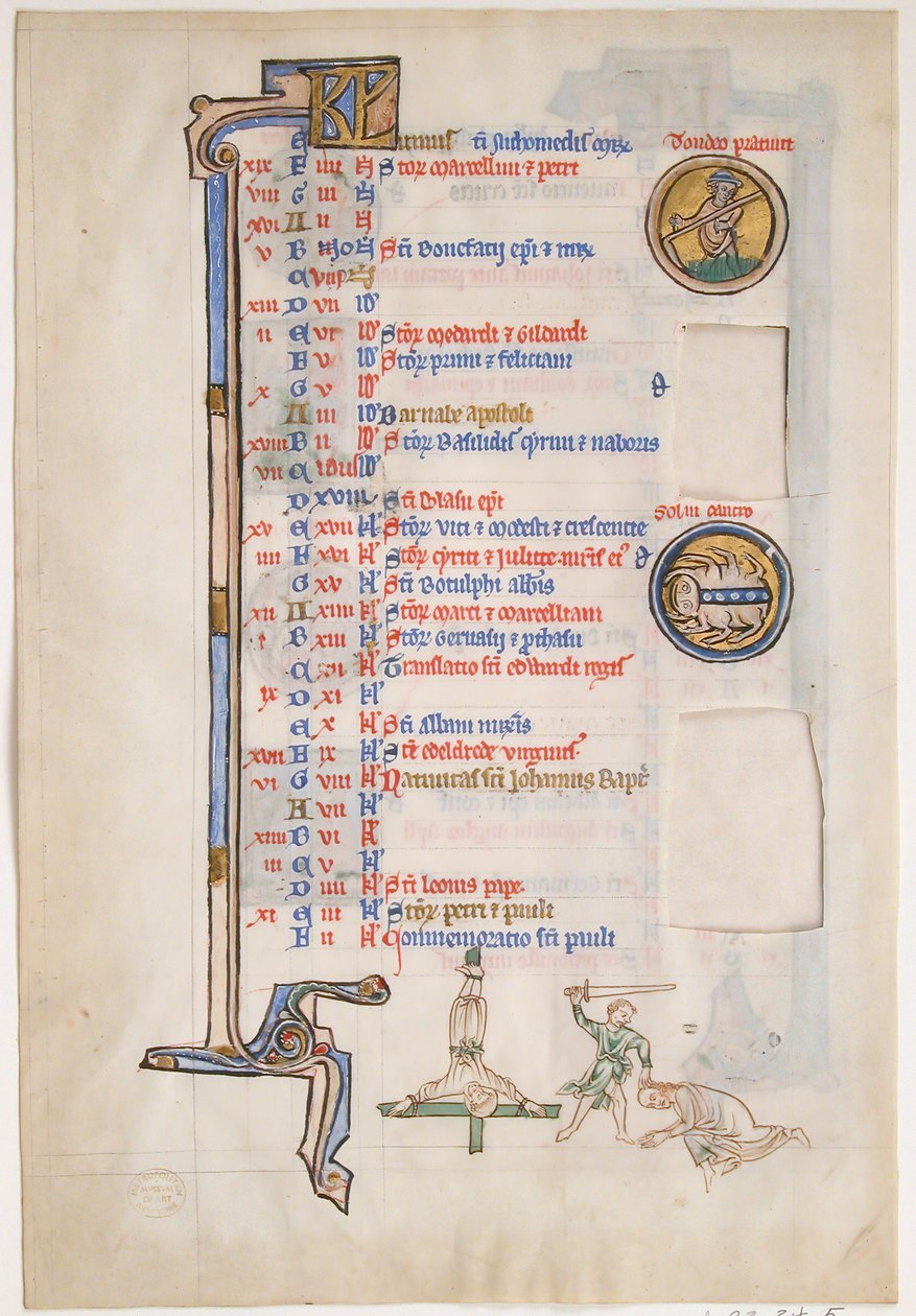 Feuille de manuscrit avec calendrier de juin, d