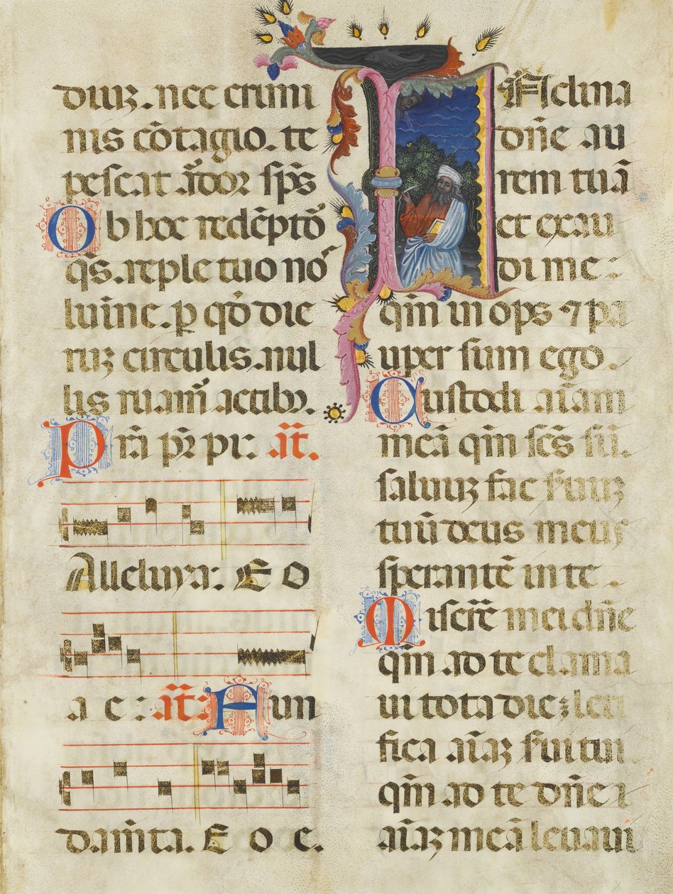 Feuille de manuscrit avec le roi David dans une initiale I, d