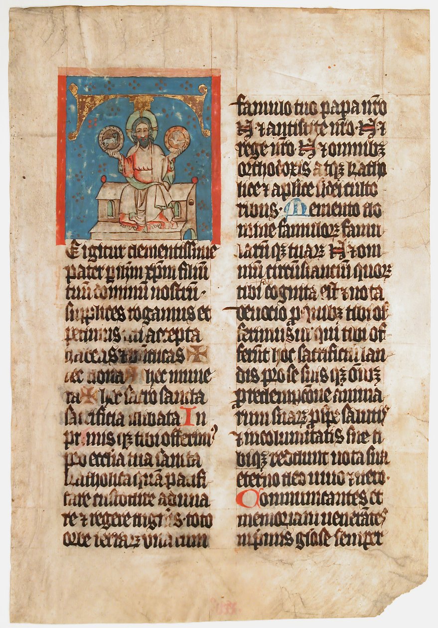 Feuille de manuscrit avec la Sainte Trinité dans une initiale T, d