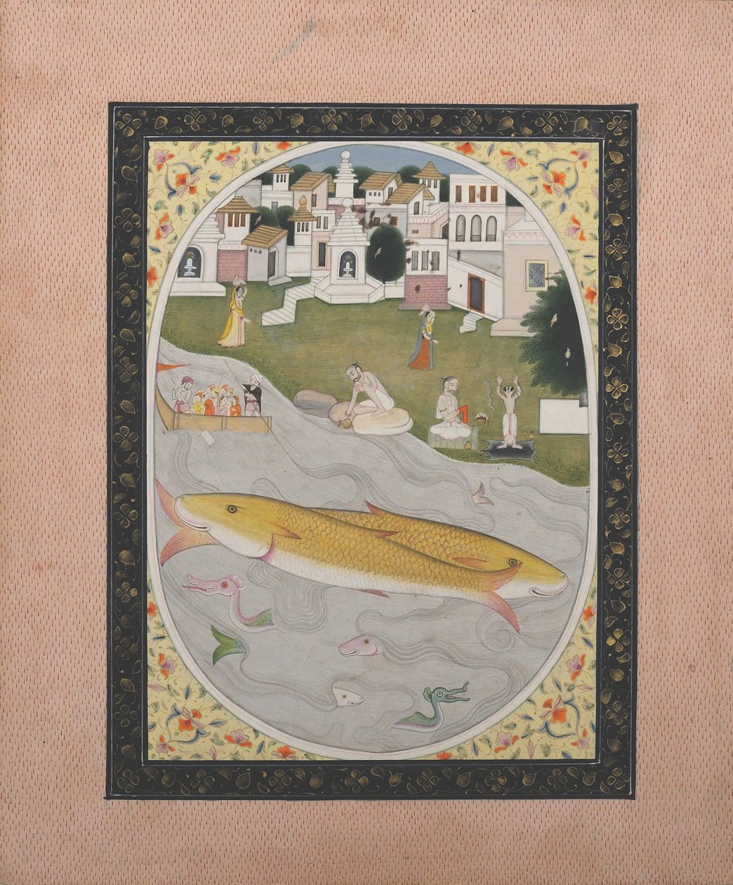 Peinture manuscrite avec scène tantrique hindoue représentant deux poissons, 1800-1820 - Unbekannt