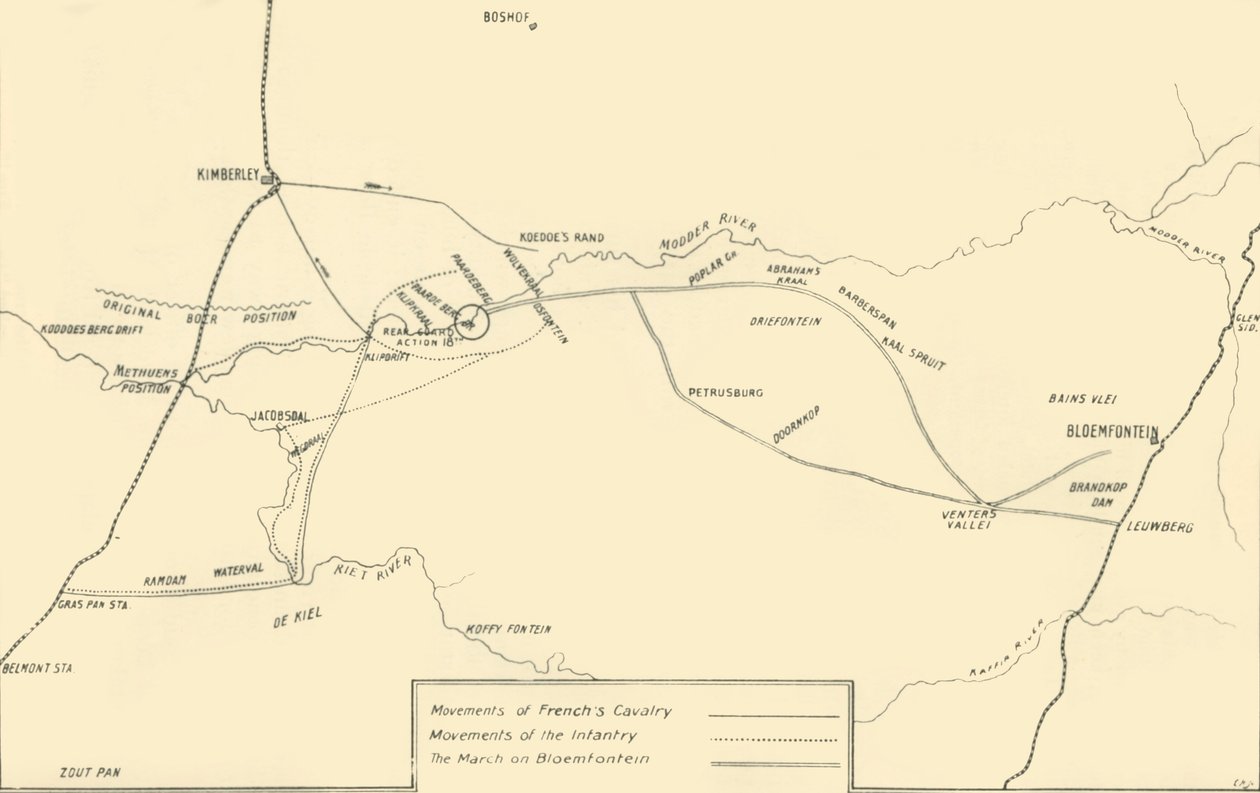 Carte illustrant les mouvements pour le secours de Kimberley et la capture de Bloemfontein - Unbekannt