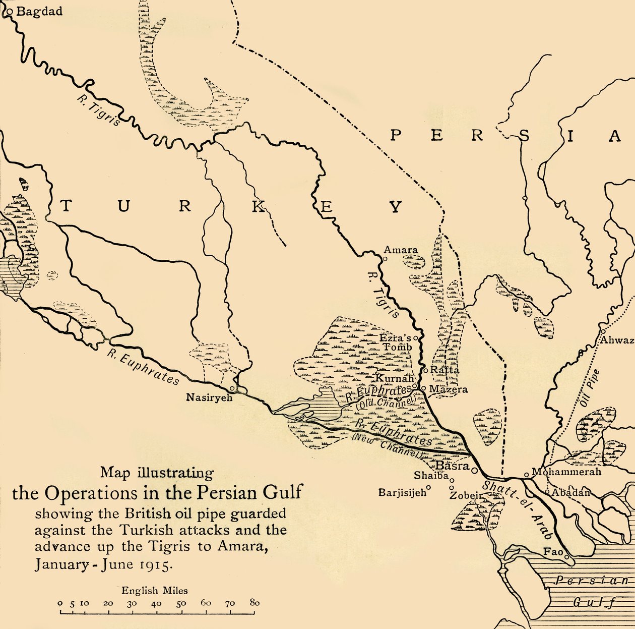 Carte illustrant les opérations dans le golfe Persique, Première Guerre mondiale, 1915, vers 1920 - Unbekannt