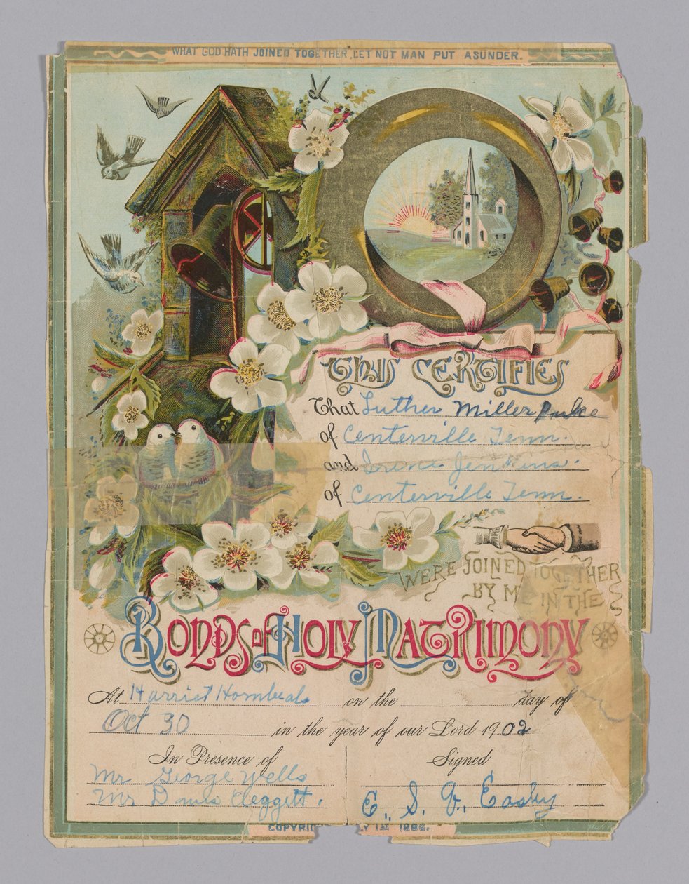 Certificat de mariage de Luther Miller Pulce et Irene Jenkins, 30 octobre 1902 - Unbekannt