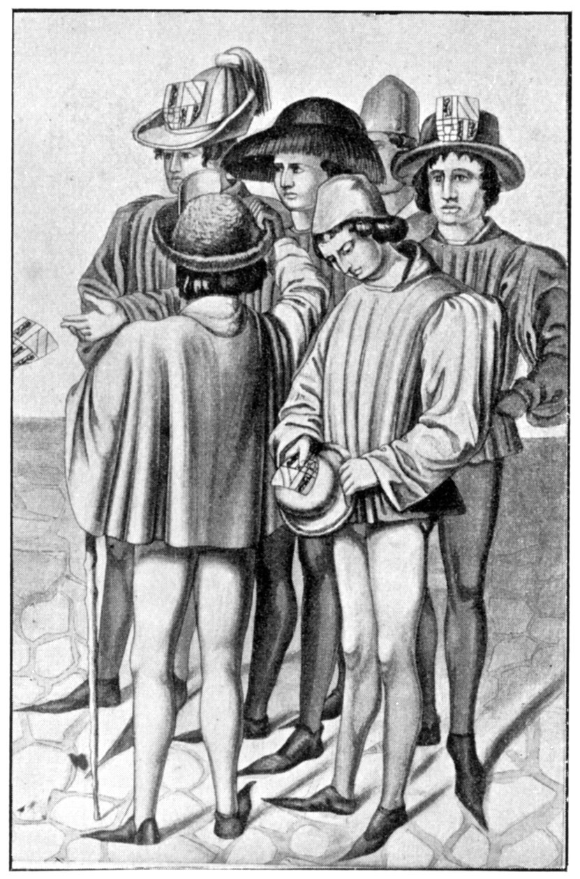 Hommes portant des faveurs dans leurs chapeaux, 15e siècle, 1910 - Unbekannt