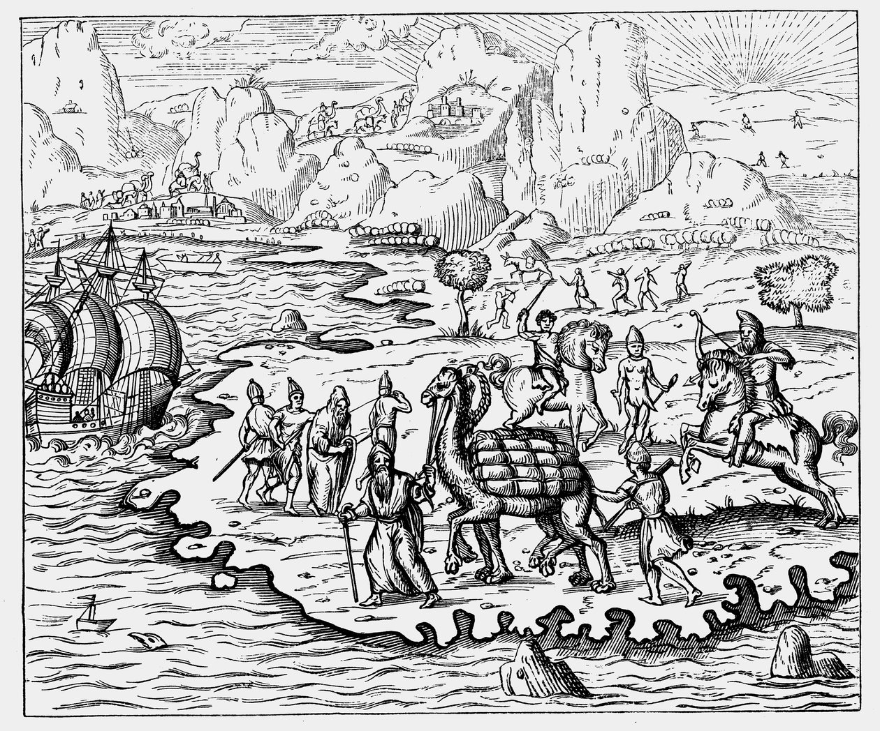Marchands transportant des marchandises vers la côte et un navire en attente à dos de chameau, 1575 - Unbekannt