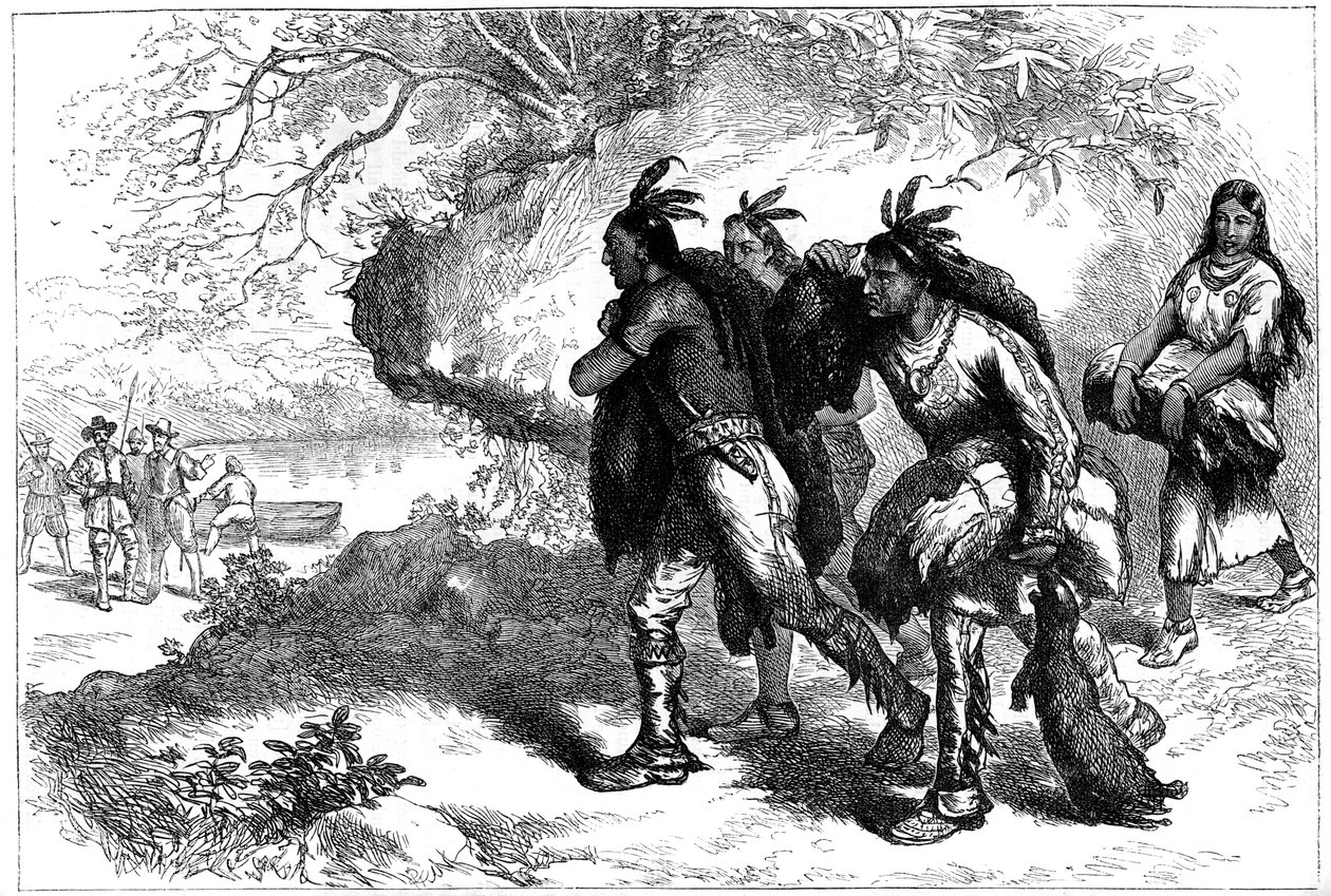 Les Amérindiens apportant des peaux de castor aux commerçants européens, XVIIe siècle, vers 1880 - Unbekannt