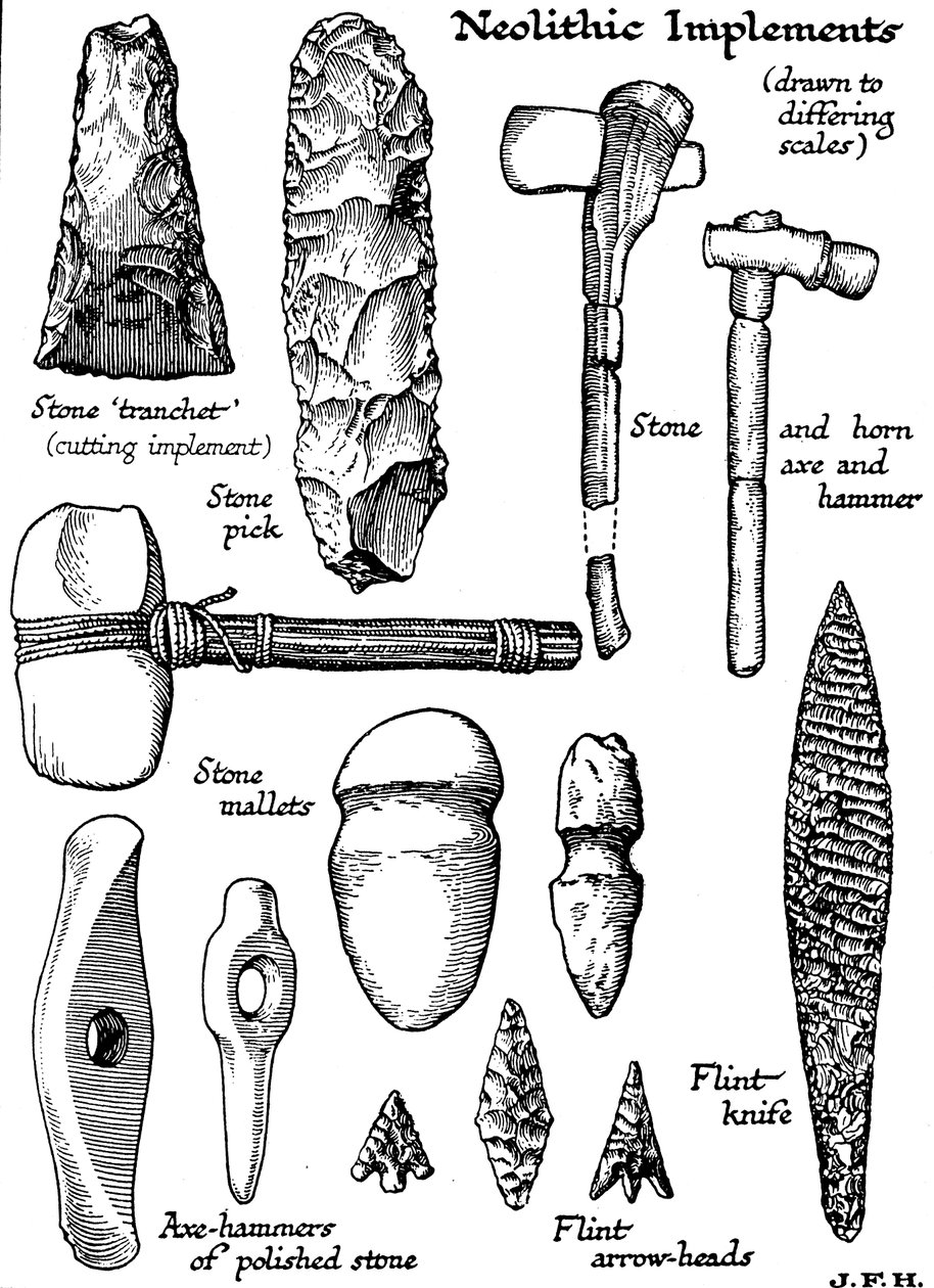 Outils néolithiques en pierre, silex et corne, vers 1890 - Unbekannt