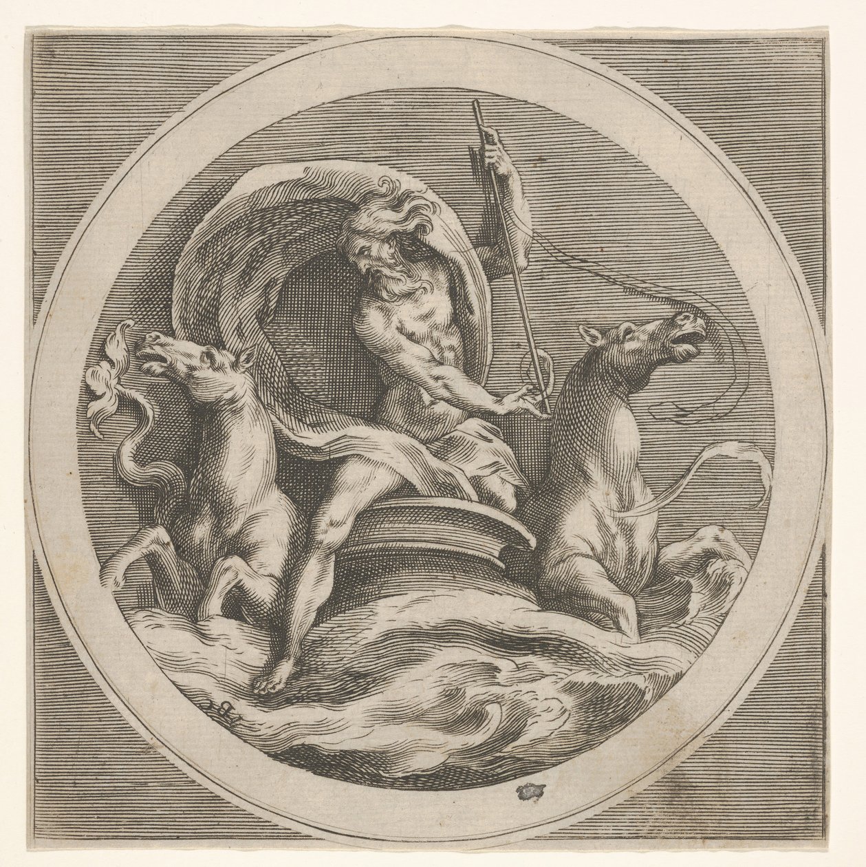 Neptune sortant de la mer et portant un bâton, accompagné de deux chevaux à tête de..., vers 1550-1600 - Unbekannt