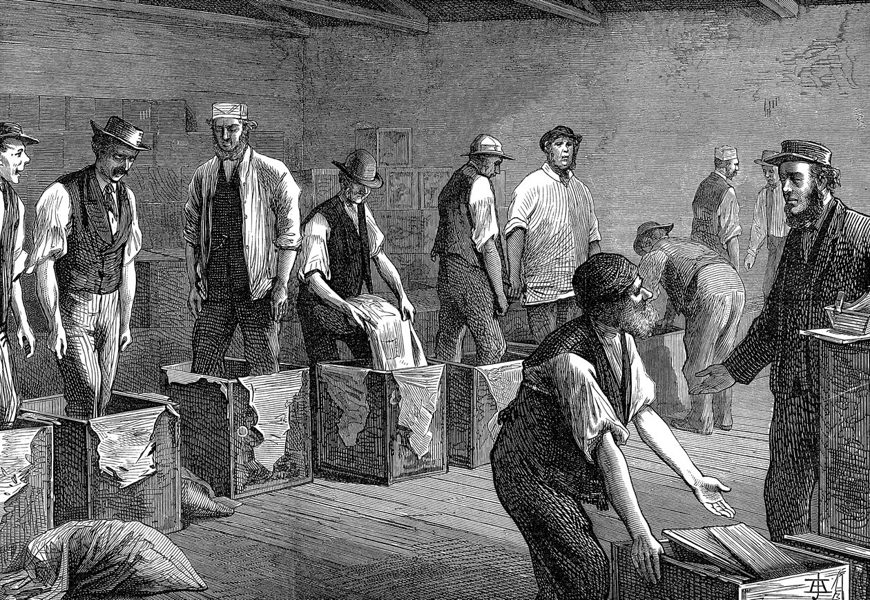 Emballage de thé dans les entrepôts de la East & West India Dock Company, Londres, 1874 - Unbekannt