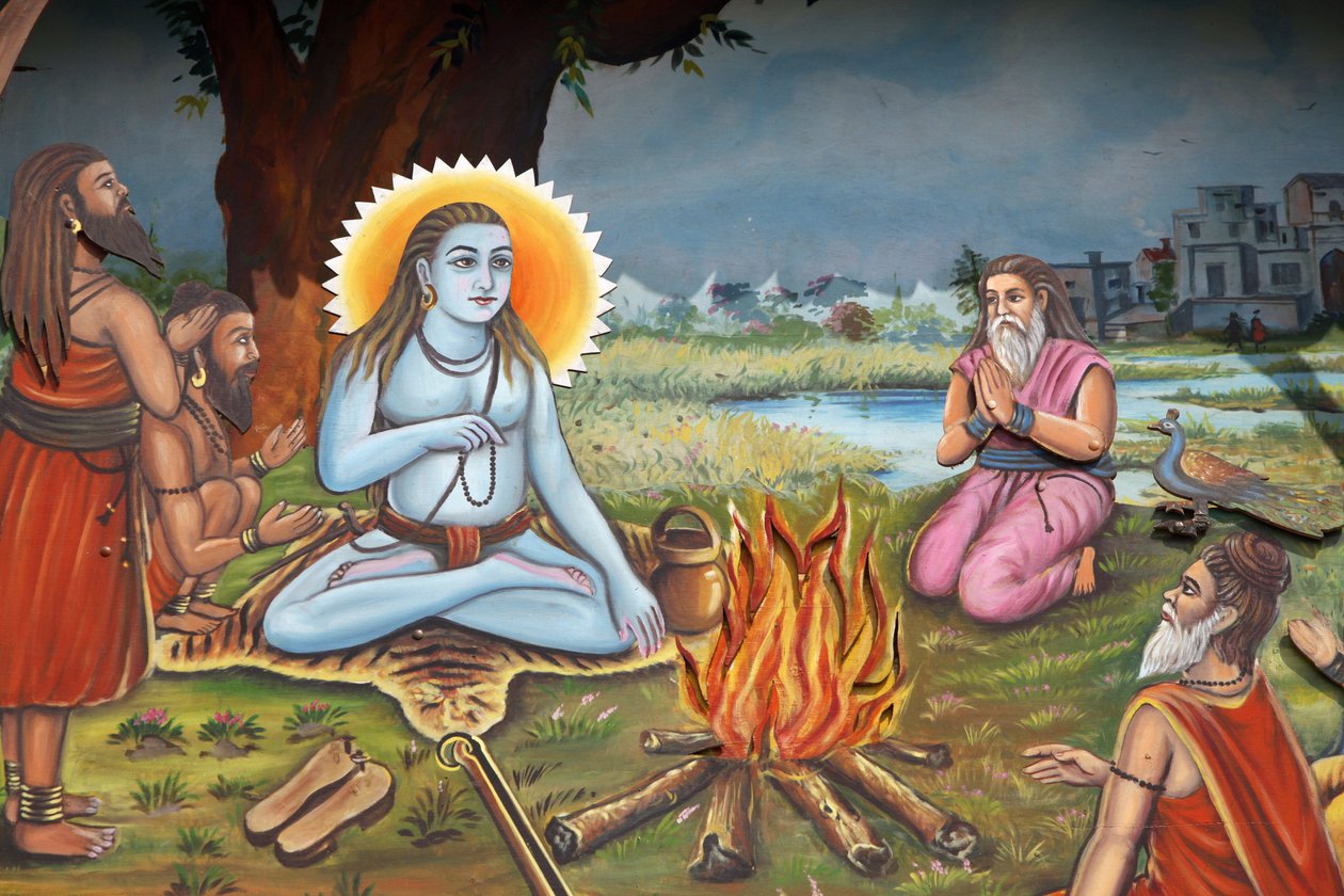 Peinture représentant un homme saint (assis sur une peau de tigre comme Shiva) entouré de disciples, Haridwar, Inde - Unbekannt