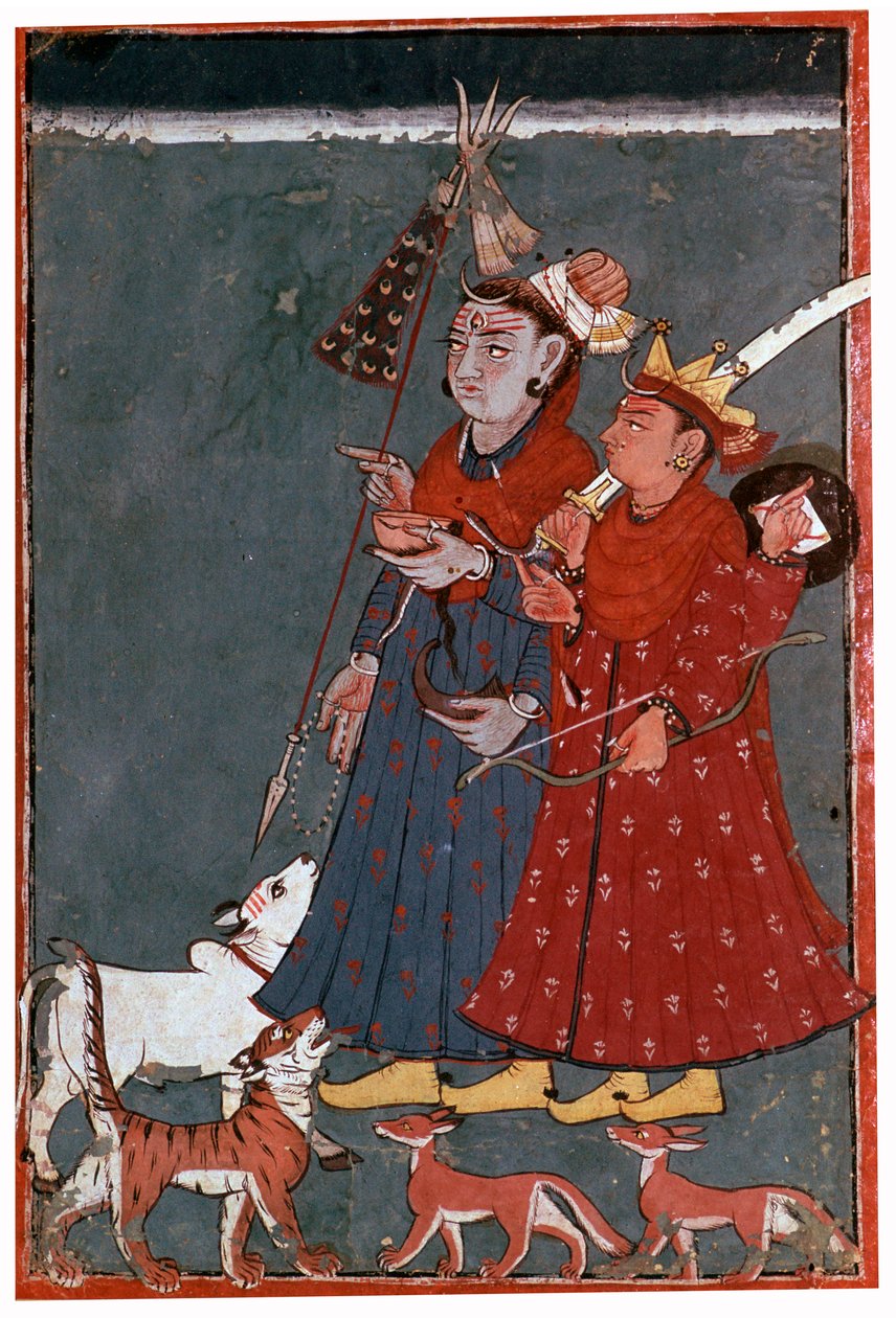 Peinture des dieux Siva et Khrishna accompagnés d