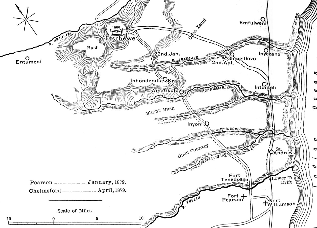 Plan des marches de Pearson janvier 1879 et de Chelmsford avril 1879 à Etschowe, vers 1880 - Unbekannt