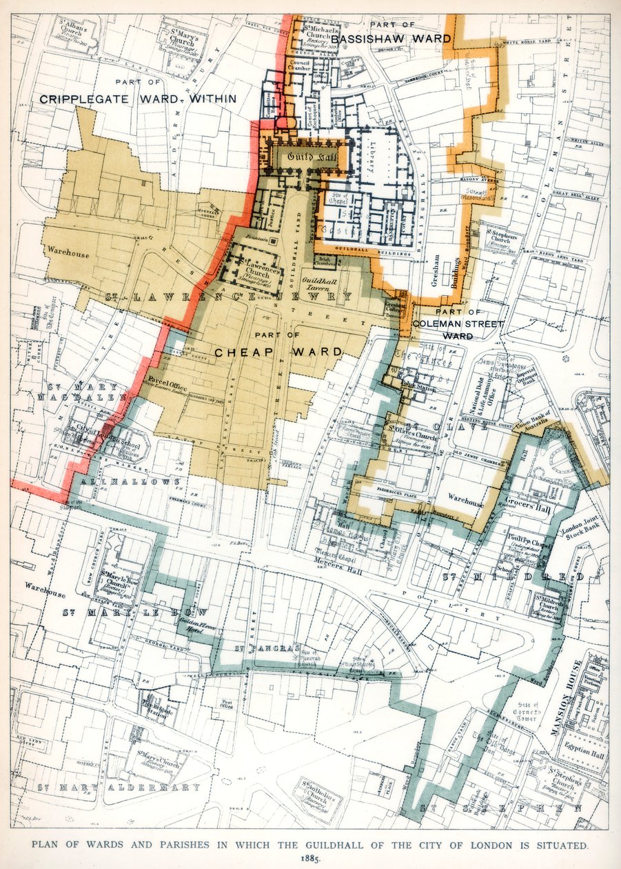 Plan des quartiers et paroisses où se trouve le Guildhall de la ville de Londres, 1886 - Unbekannt