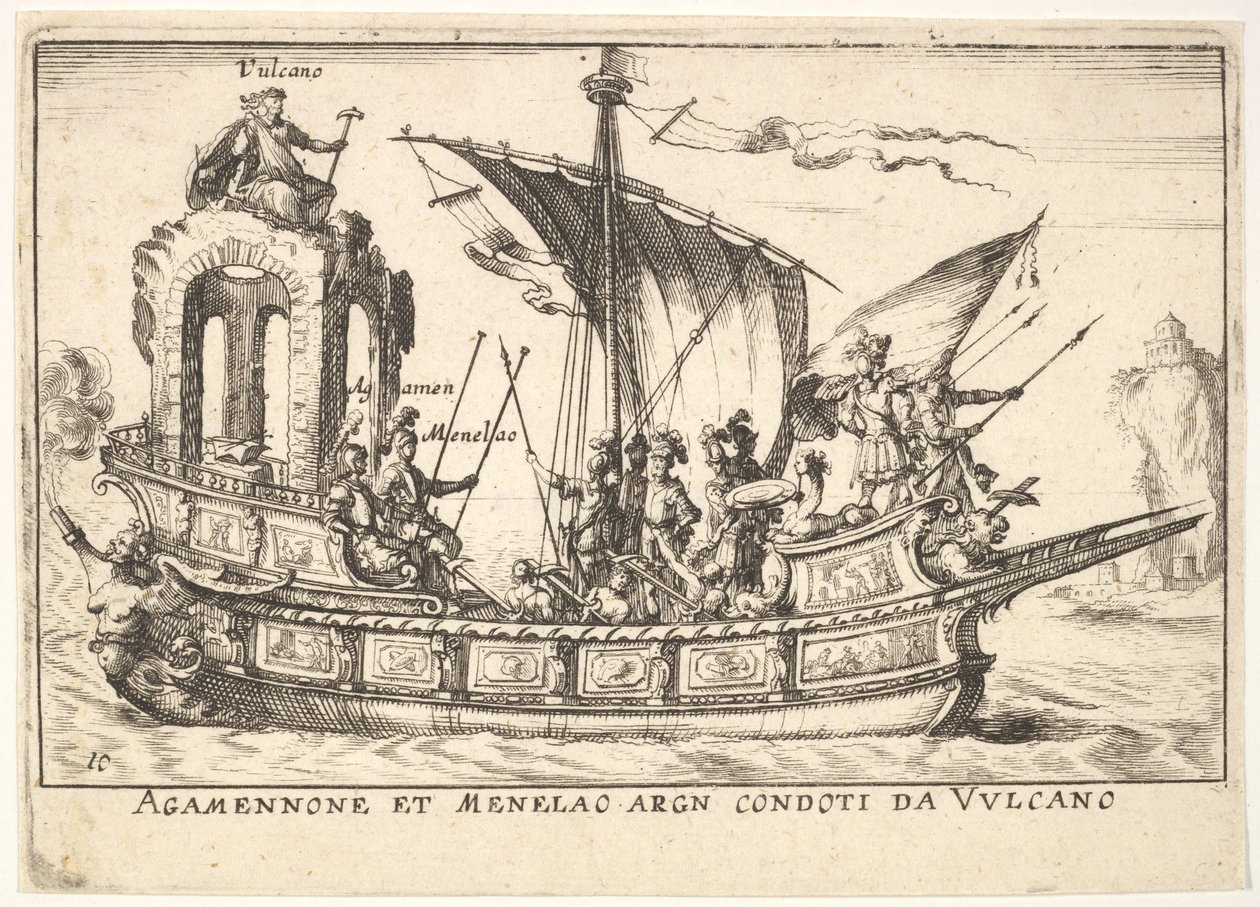 Planche 10 : Agamemnon et Ménélas assis dans un bateau accompagnés d