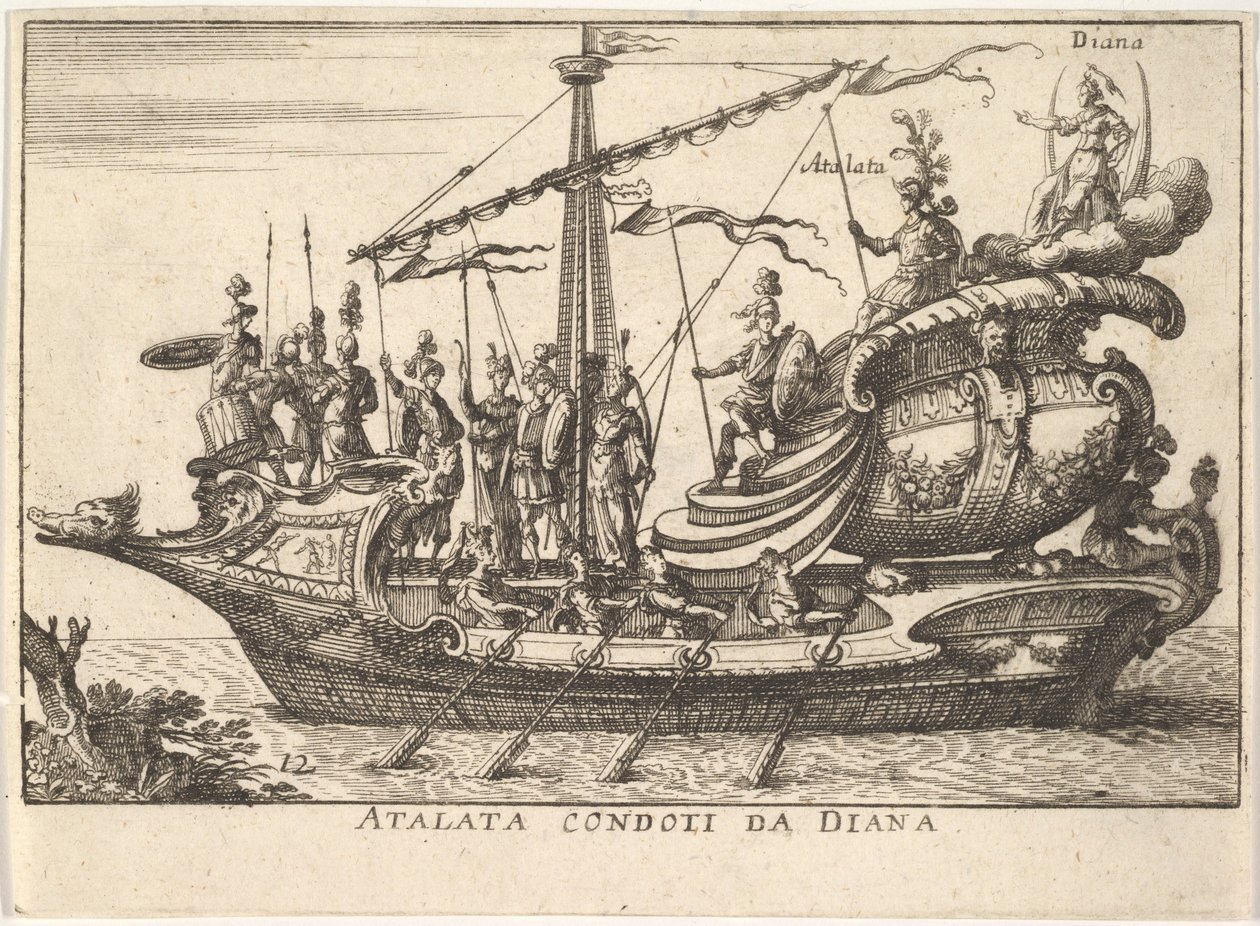 Planche 12: Atalante menée par Diane, accompagnée de guerriers portant..., 1664 - Unbekannt