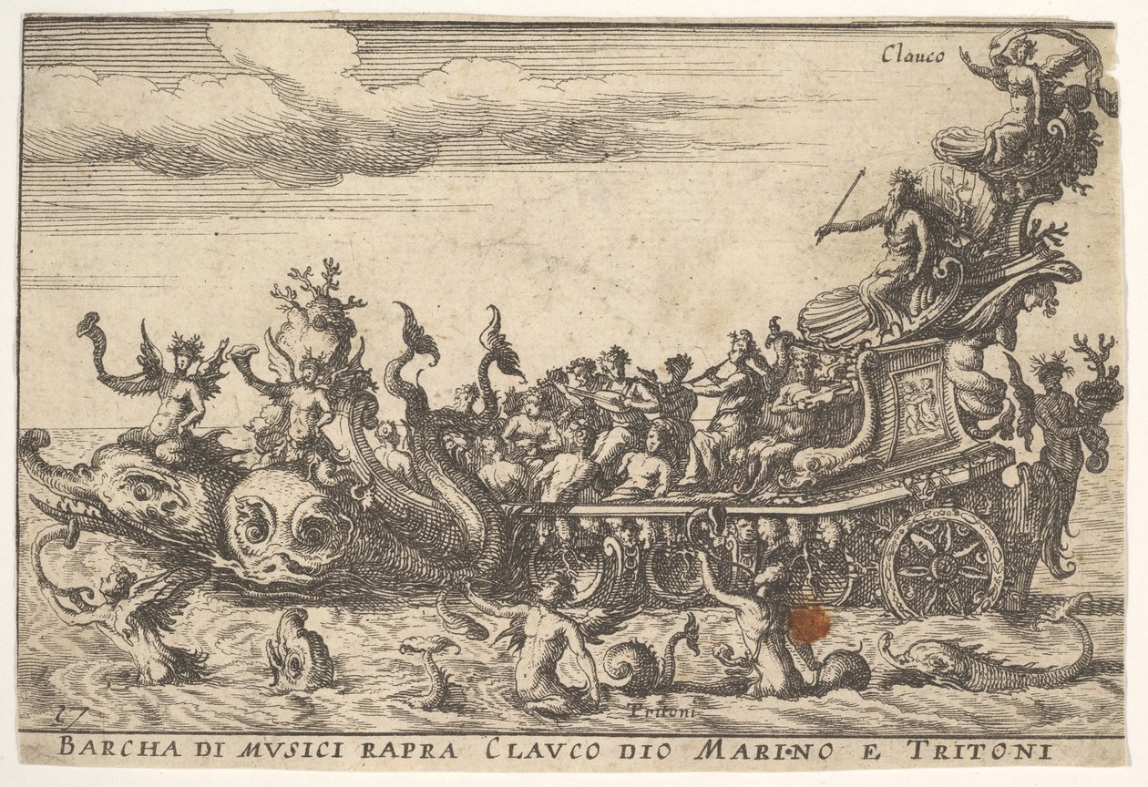 Planche 16 : Navire de musiciens avec le dieu de la mer Glaucus et des tritons Barcha di musici rapra C..., 1664 - Unbekannt