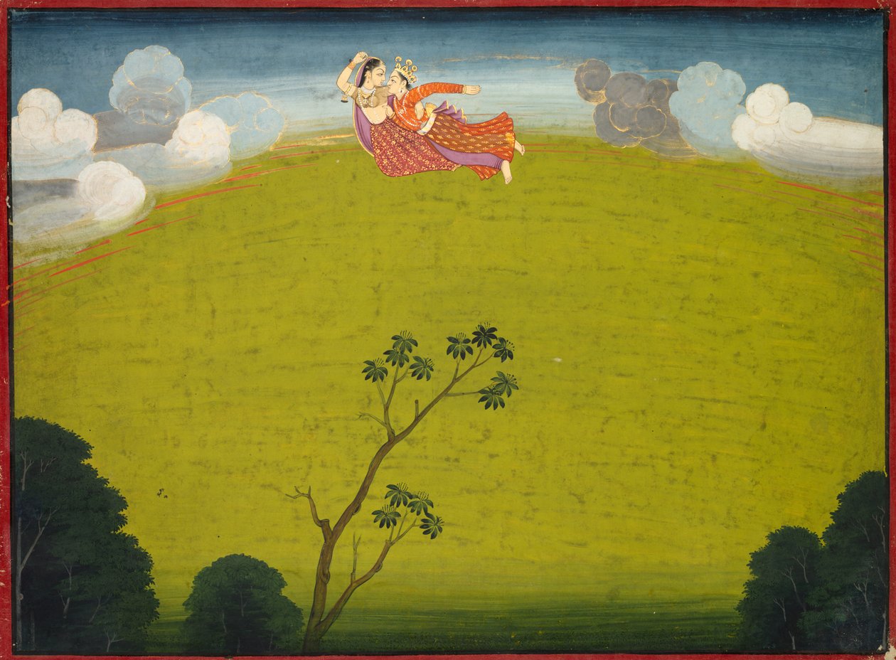 Pradyumna et Mayavati volent vers Dvaraka, du Grand Basohli Bhagavata Purana, vers 1760-1765 - Unbekannt