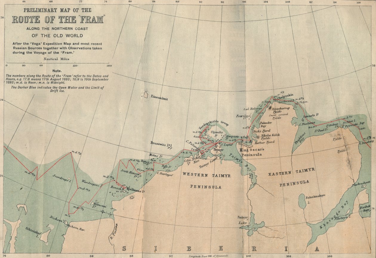 Carte préliminaire de la route du Fram le long de la côte nord de l