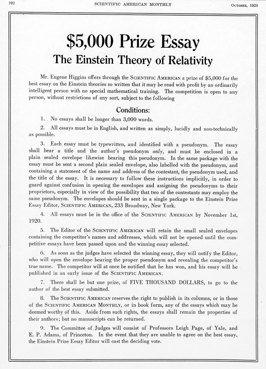Prix offert dans Scientific American, octobre 1920, pour un essai sur la théorie de la relativité d
