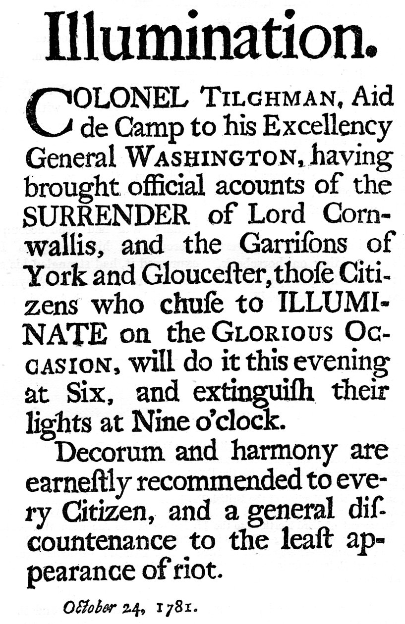 Proclamation des illuminations commémorant la reddition du général Cornwallis, 1781 - Unbekannt