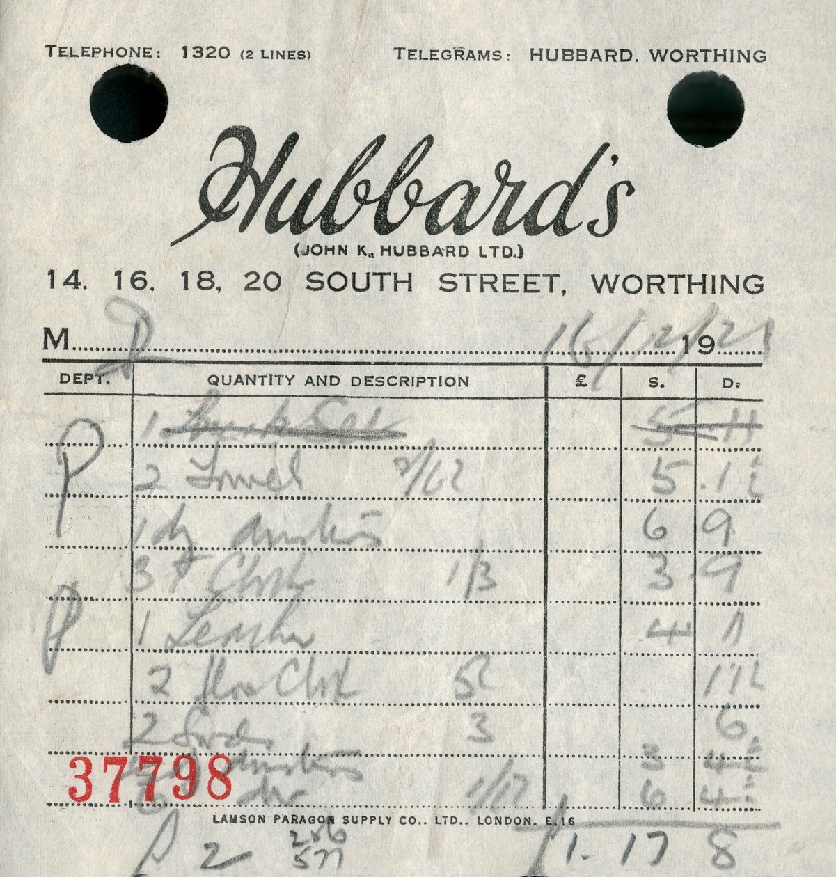 Reçu du grand magasin Hubbards, 1921 - Unbekannt