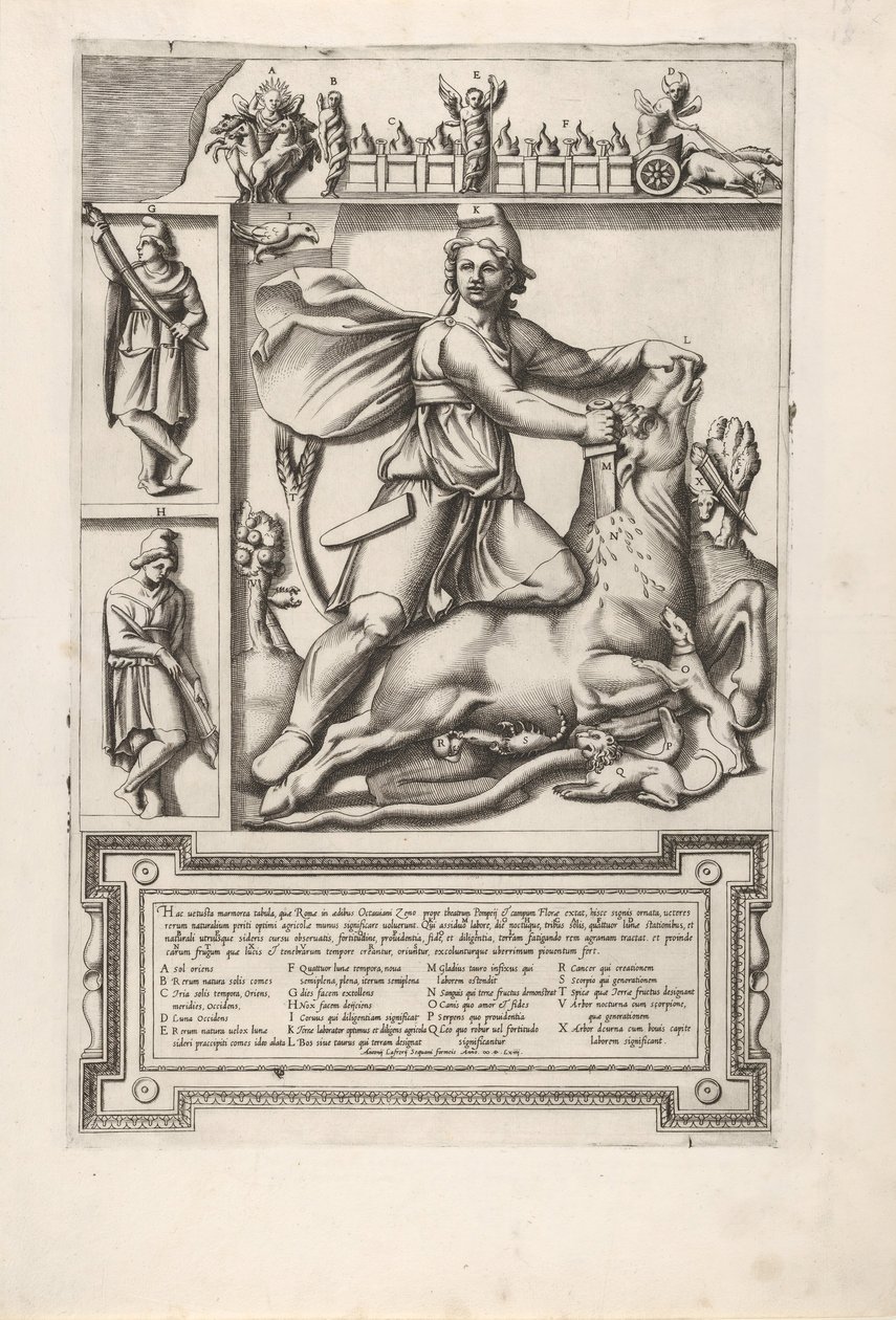 Relief avec Mithra agenouillé sur un taureau et enfonçant une épée dans son épaule, à gauche tw..., 1564 - Unbekannt