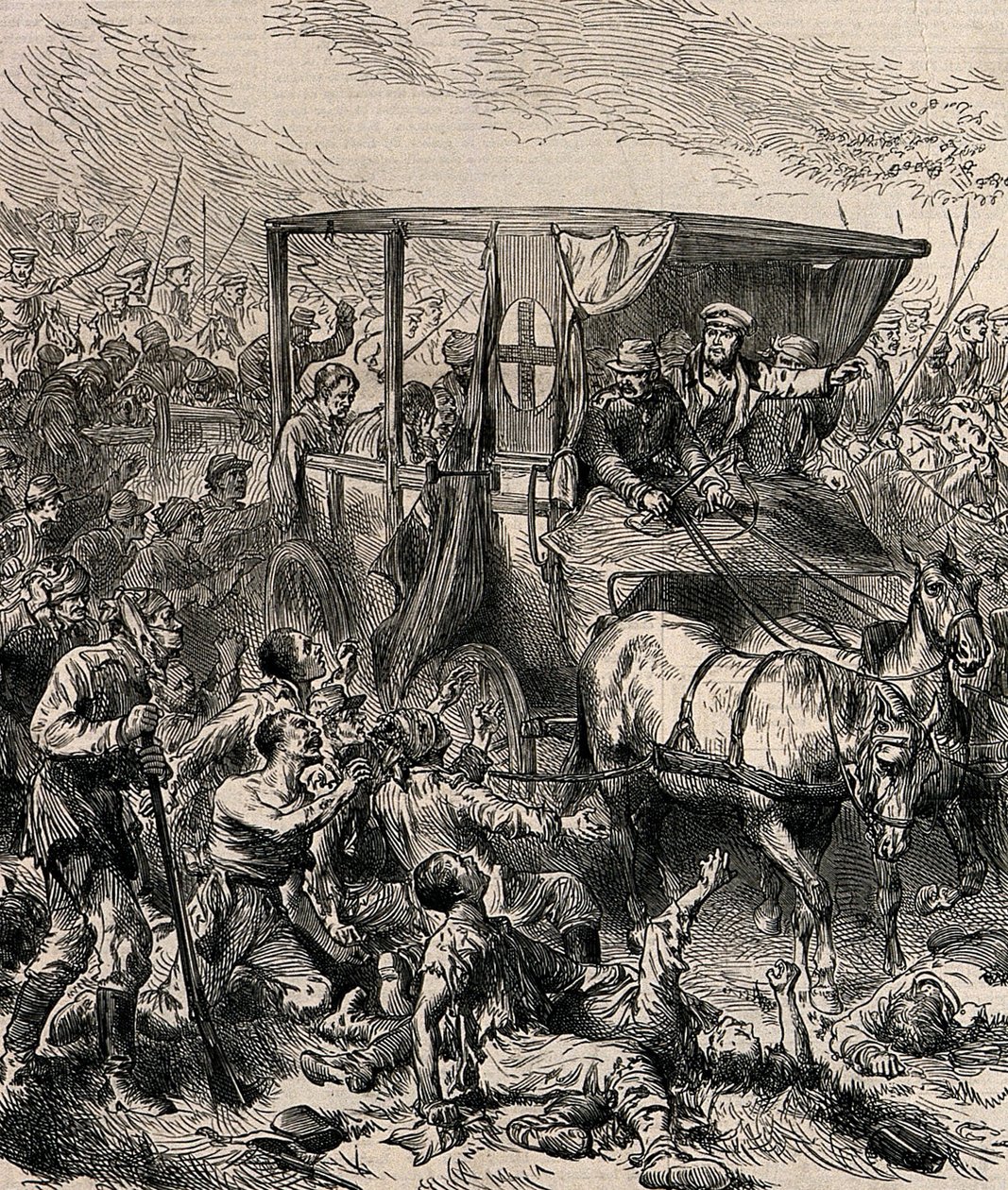 Secourir les soldats russes blessés du champ de bataille, vers 1878 - Unbekannt
